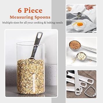 16PCS Stainless Steel Measuring Cups & Spoons Set, Nesting Cups with Silicone Handles, 5 Metal Measuring Cups, 6 Round Spoons and 5 Mini Spoons for Cooking & Baking