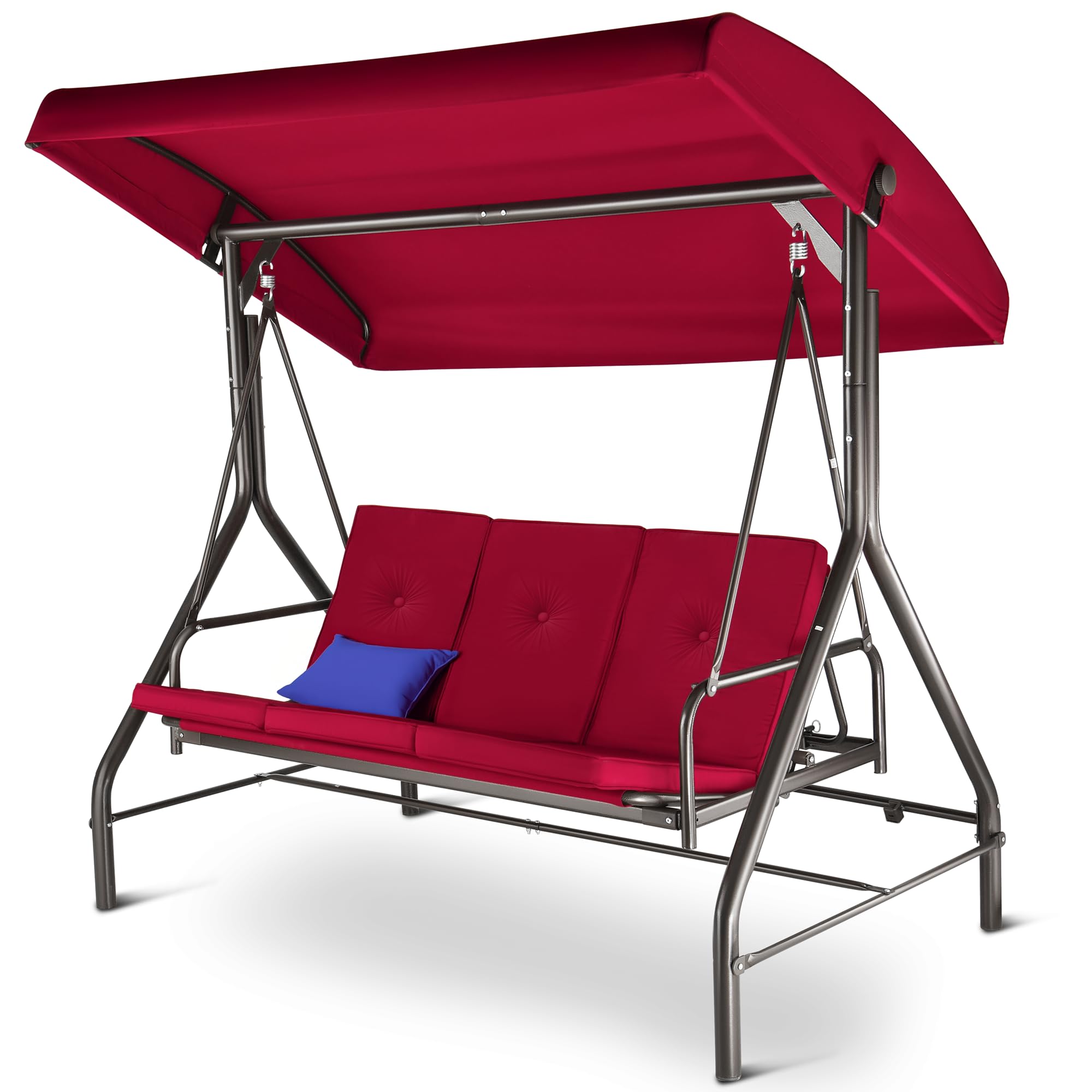 Porch Swing - 3-Seat Patio Outdoor Swing with Canopy for Adultes, Convertible Glider Bed, Thick Removable Cushions & Pillows for Backyard, Porch, Garden - Burgundy