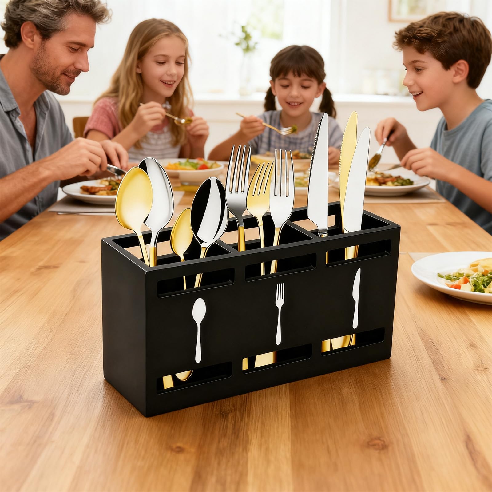 Utensilienhalter Küche Holz schwarz 3 Fächer – Besteckhalter & Küchenorganizer mit Griff & Anti-Rutsch-Pads, Aufbewahrung für Kochlöffel & Küchenhelfer