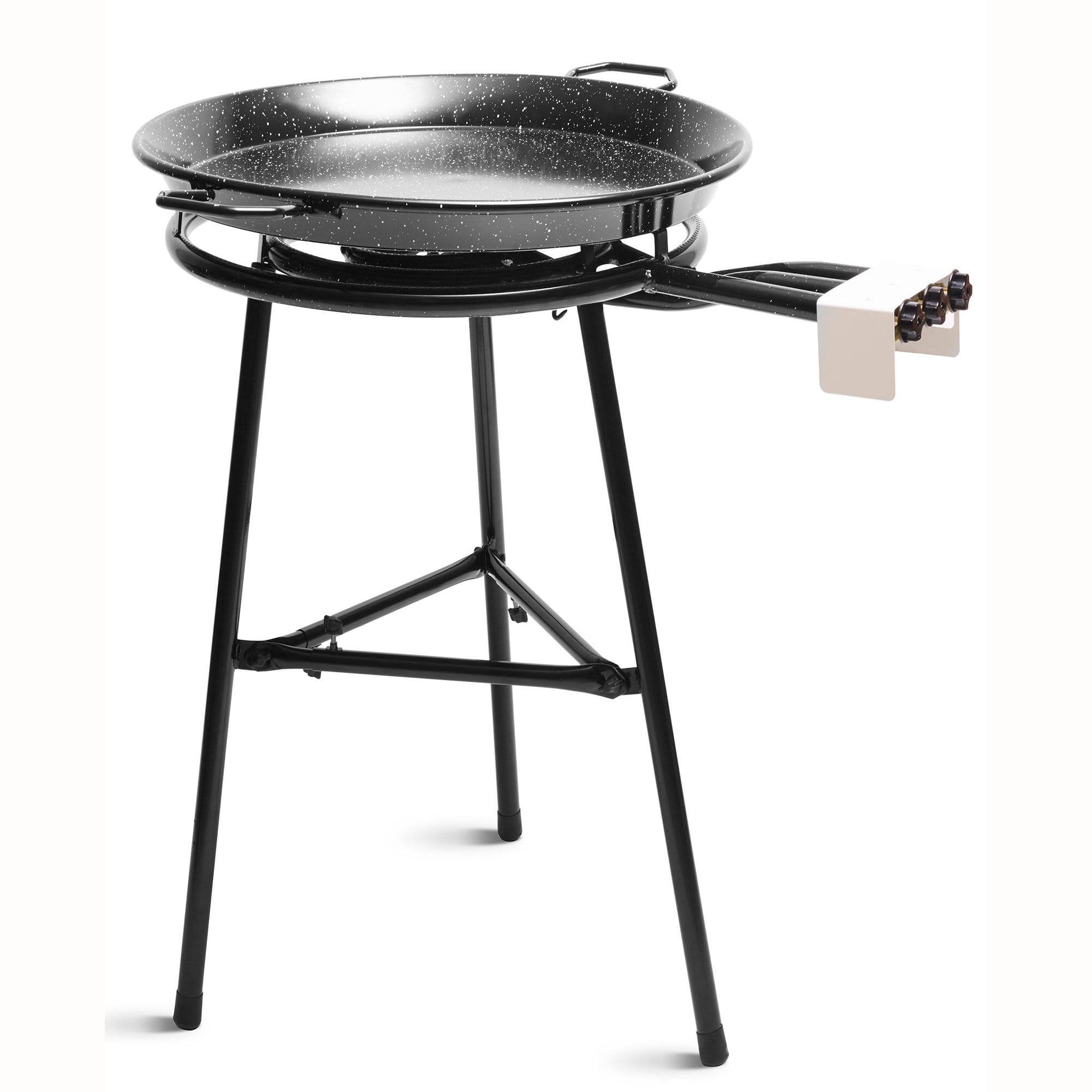 briebe Set Bruciatore a Gas Paellero 3 Fuochi 60-40-20 cm + Padella per Paella Smaltata 65 cm 22 Porzioni + Supporti 3 Gambe, Robusto Treppiede Regge Fino a 200 KG, Kit Paella
