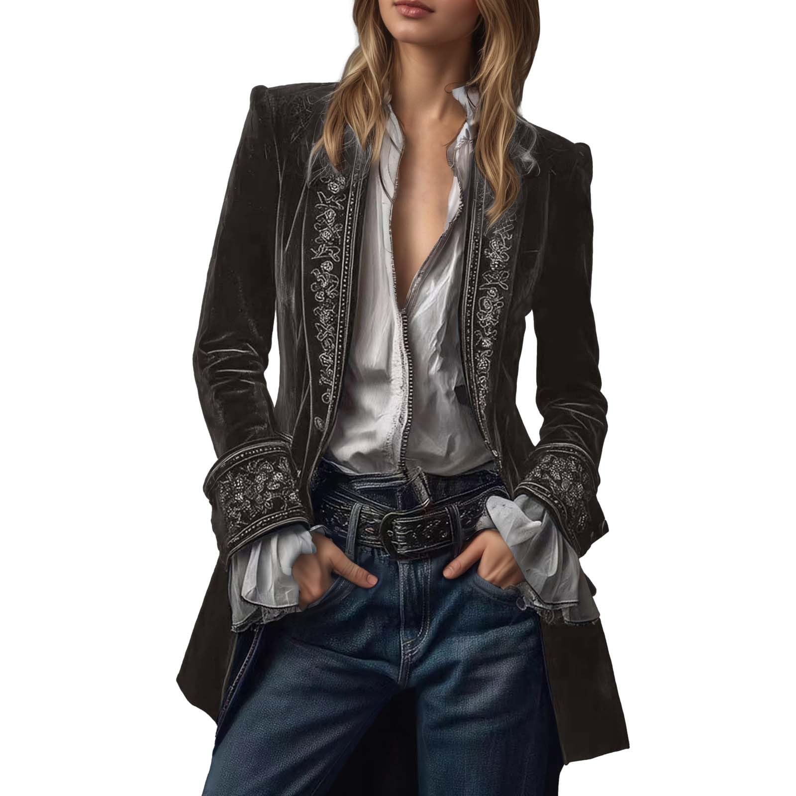 Generisch Velvet Jacket Women's Vintage Long Embroidered Blazer Women Open Front Coat Gothic Steampunk Outerwear Plain Elegant Baggy Velvet Jacket Festive Carnival Fancy Dress Jacket, gray, S — image 1