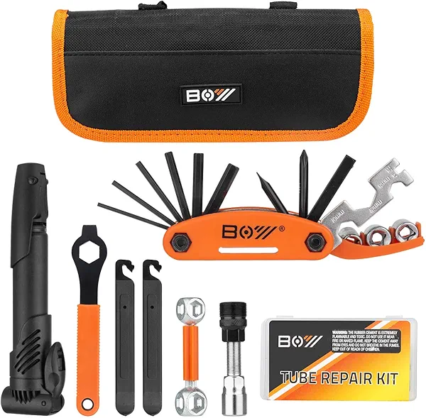 Bicycle Repair Bag With Tire Pump, Portable Tool Kit for Camping Travel - Bike Glueless Patches, Maintenance Essentials All in One Safety Kit