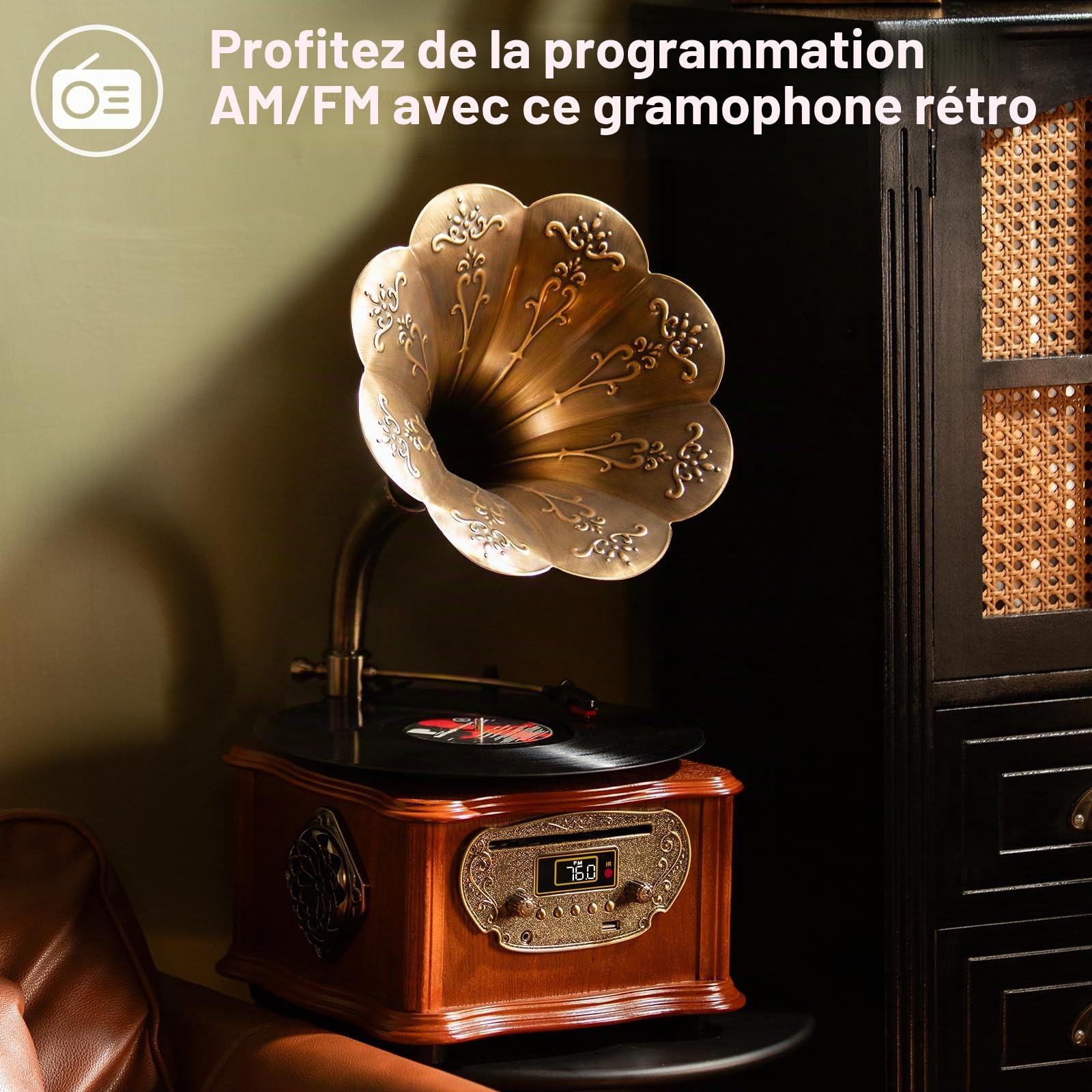 Tourne-Disque rétro Noir avec Bluetooth, phonographe et Lecture de CD, Radio FM, Commande par télécommande (vs-1722 CD)