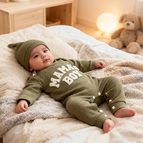 Vista 7 de GRNSHTS Mameluco para Bebé Recién Nacido Niño Conjuntos para Llegar a Casa Body con Estampado de Letras Enterizo+Gorro+Guantes Conjunto de Ropa de 3