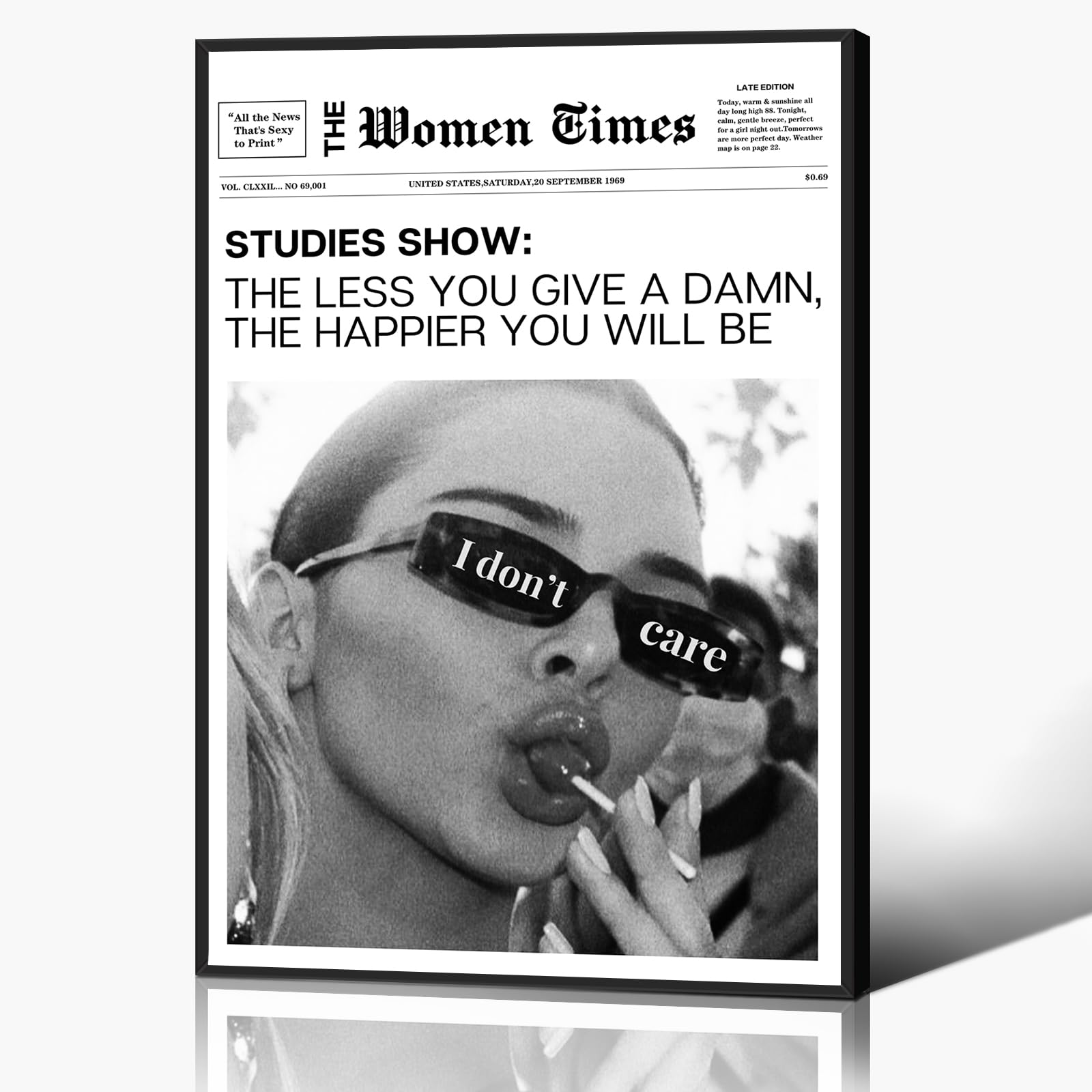 Anslipswar Trendy Black and White Canvas Wall Art, Funky Girl Aesthetic Preppy Poster, Women Times Newspaper Art Print, Vintage Bar Cart Wall Decor, Girls Dorm Apartment Picture 16x24in Framed โ image 1
