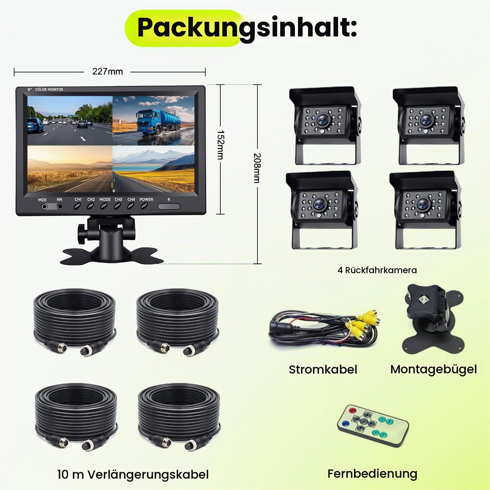 Podofo Vans RV Rückfahrkamera Set, 9 Zoll Monitor 4 Kameras, 4-Geteiltes Display 4-Kanal Video, IP68 wasserdichte Nachtsichtkameras, Frontview Kameras, 12V-24V für LKWs Camping Autos
