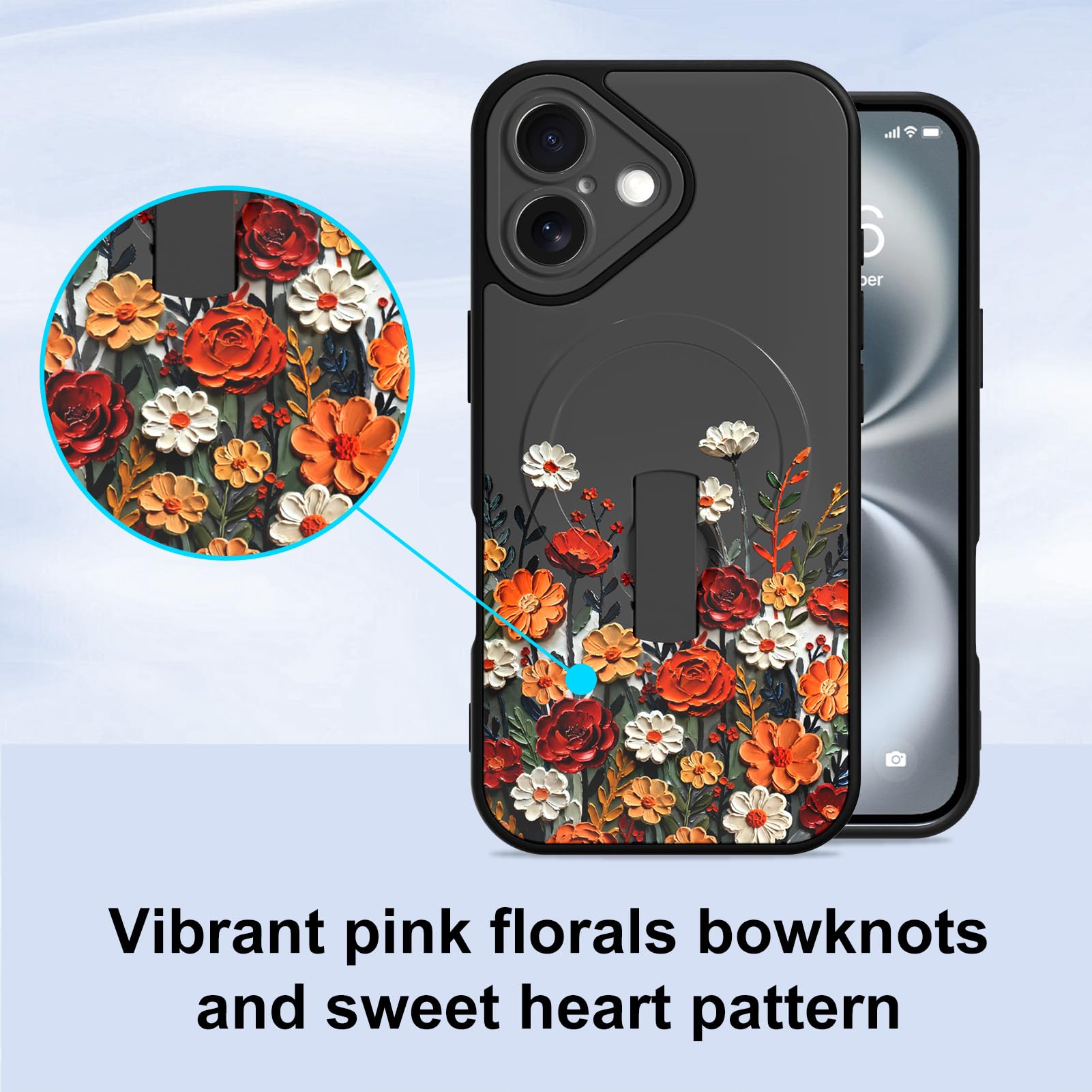 Custodia magnetica per iPhone 16 con cavalletto per cinturino, compatibile con MagSafe, grazioso motivo floreale per donne e ragazze, protezione completa della fotocamera, estetica antiurto