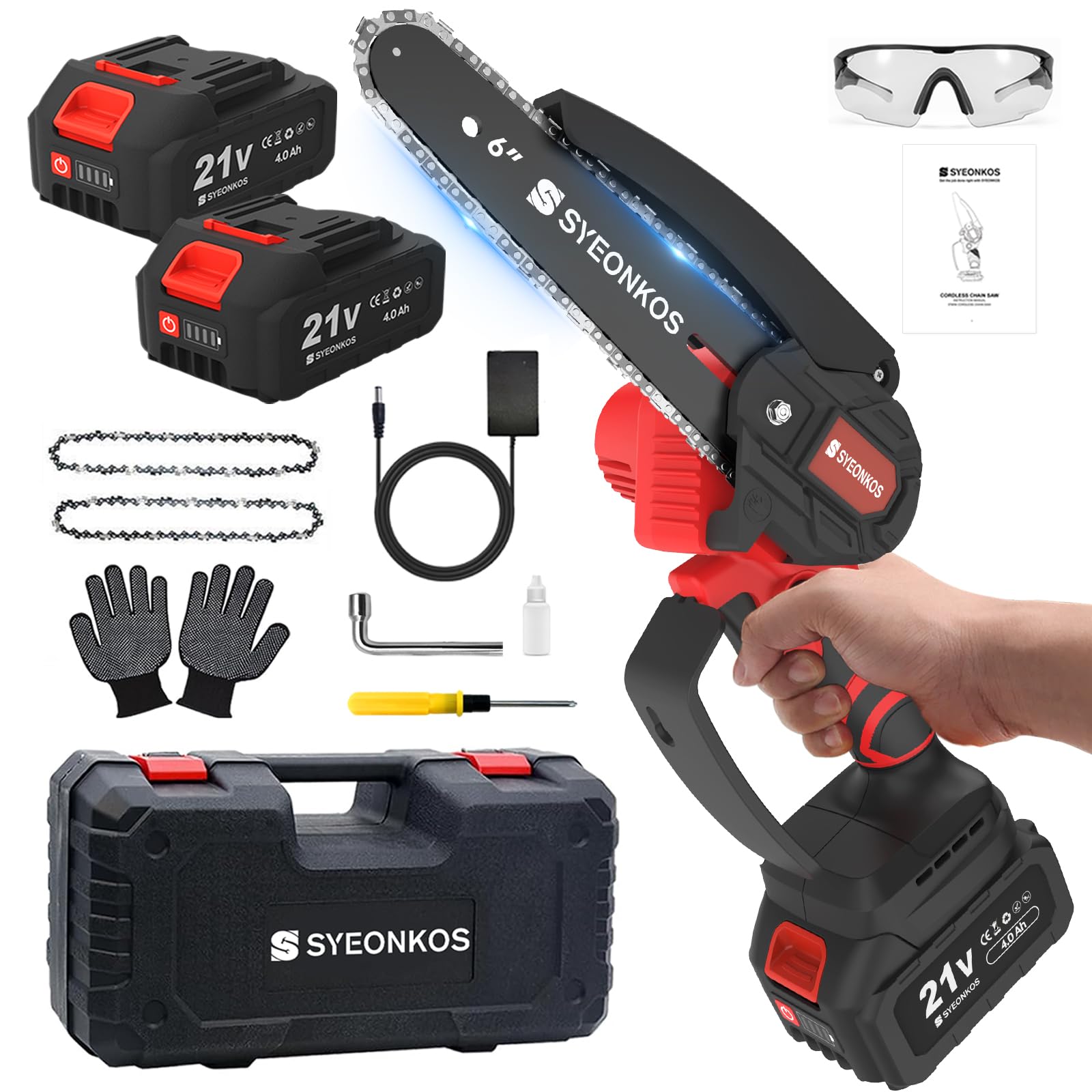 Mini Cordless Chainsaw, Electric Cordless Chainsaw with 2 Chains& 2 * 4000mAh Battery, 6-Inch Small Chain Saw Power Tools for Cutting Trees, Cut Wood, Tree Trimming