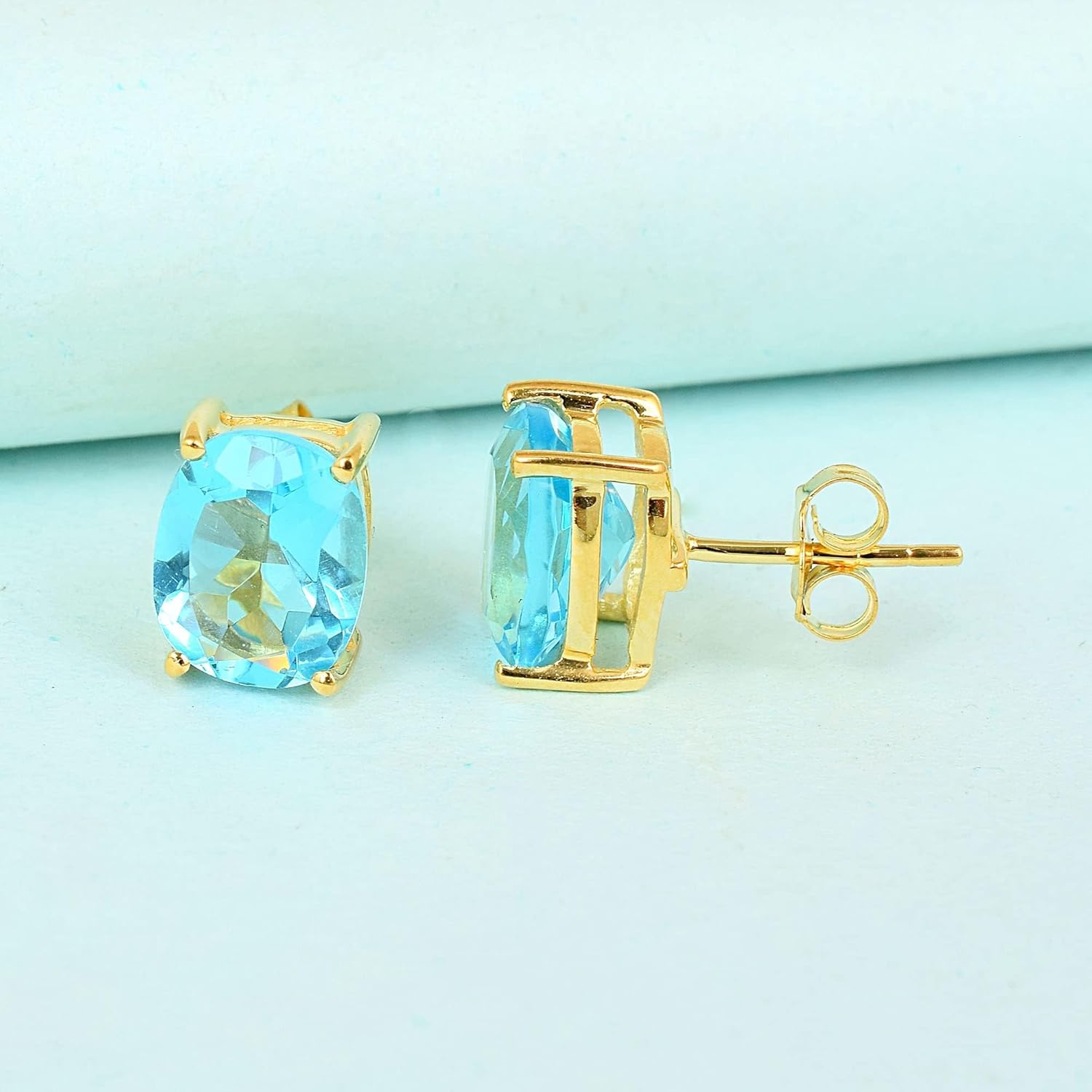 Women's 18K Gold Plated 8x10mm Princess Cut Gemstone Stud Earrings – Birthstone Jewelry for Her – Classic Cushion Studs