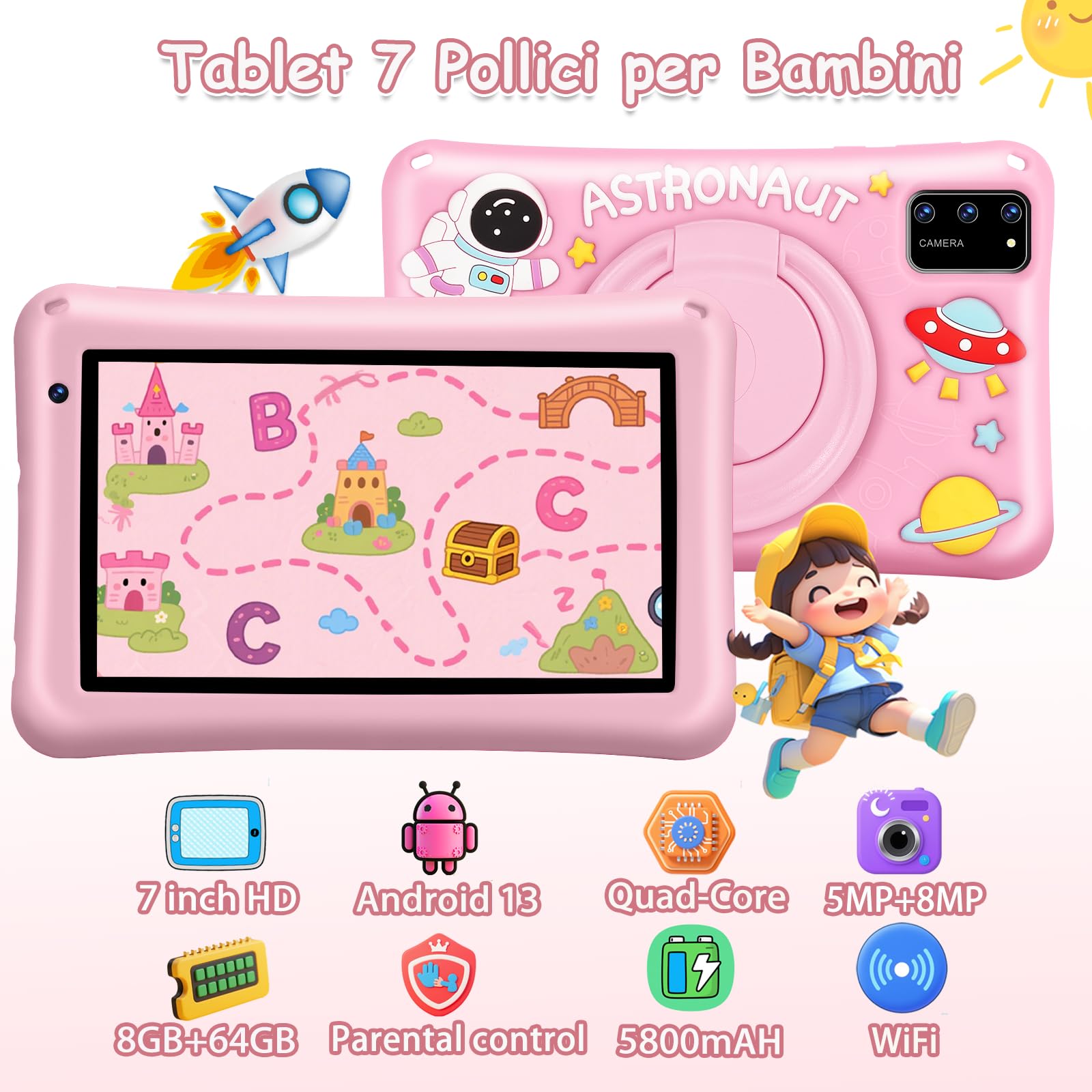 Tablet Bambini 7 Pollici Android 13 Octa Core 8GB RAM 64GB ROM Espandibile 256GB Schermo IPS Controllo Parentale Custodia Antiurto Rosa