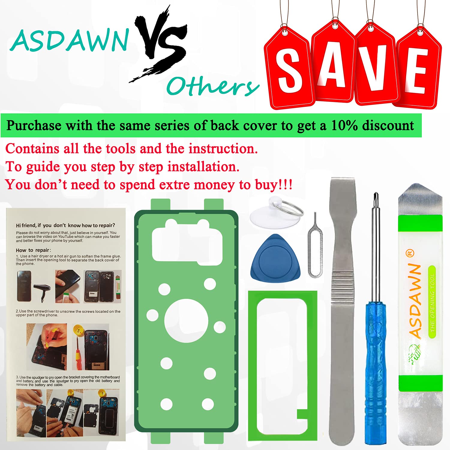 Galaxy S9+ Battery Replacement for Samsung Galaxy S9 Plus SM-G965 G965U/U1/R4/W/F/A/T/P/V, EB-BG965ABE EB-BG965ABA Battery w/Back Cover Adhesive+Battery Adhesive+Repair Tools+Installation Instruction