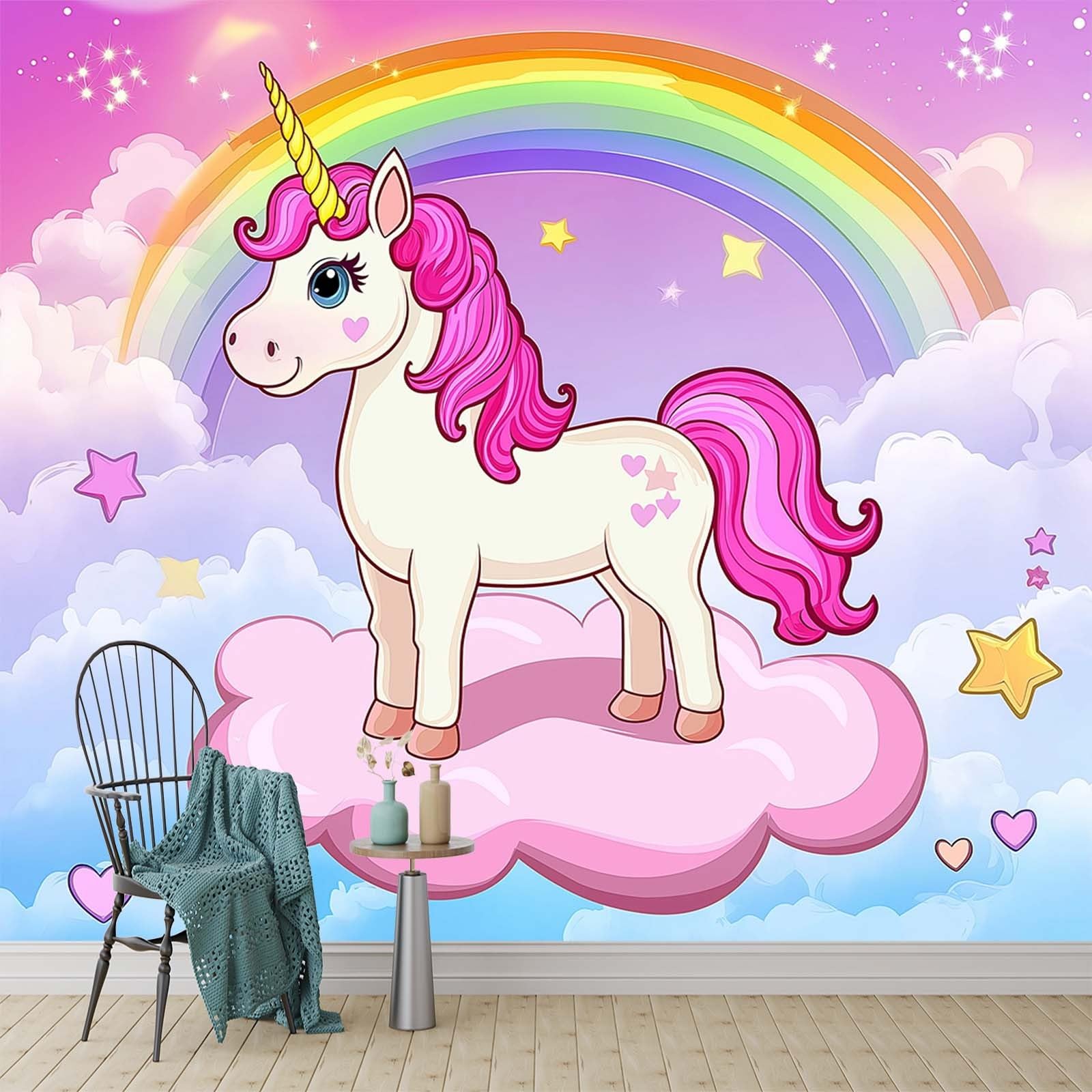 Stars and Rainbows Wall Mural Cartoon Unicorn Home Decoration Photo Mural, Wall Decoration for Bedroom Nursery Living Room Home Decoration 400 x 280 cm Photo Wallpaper — image 1
