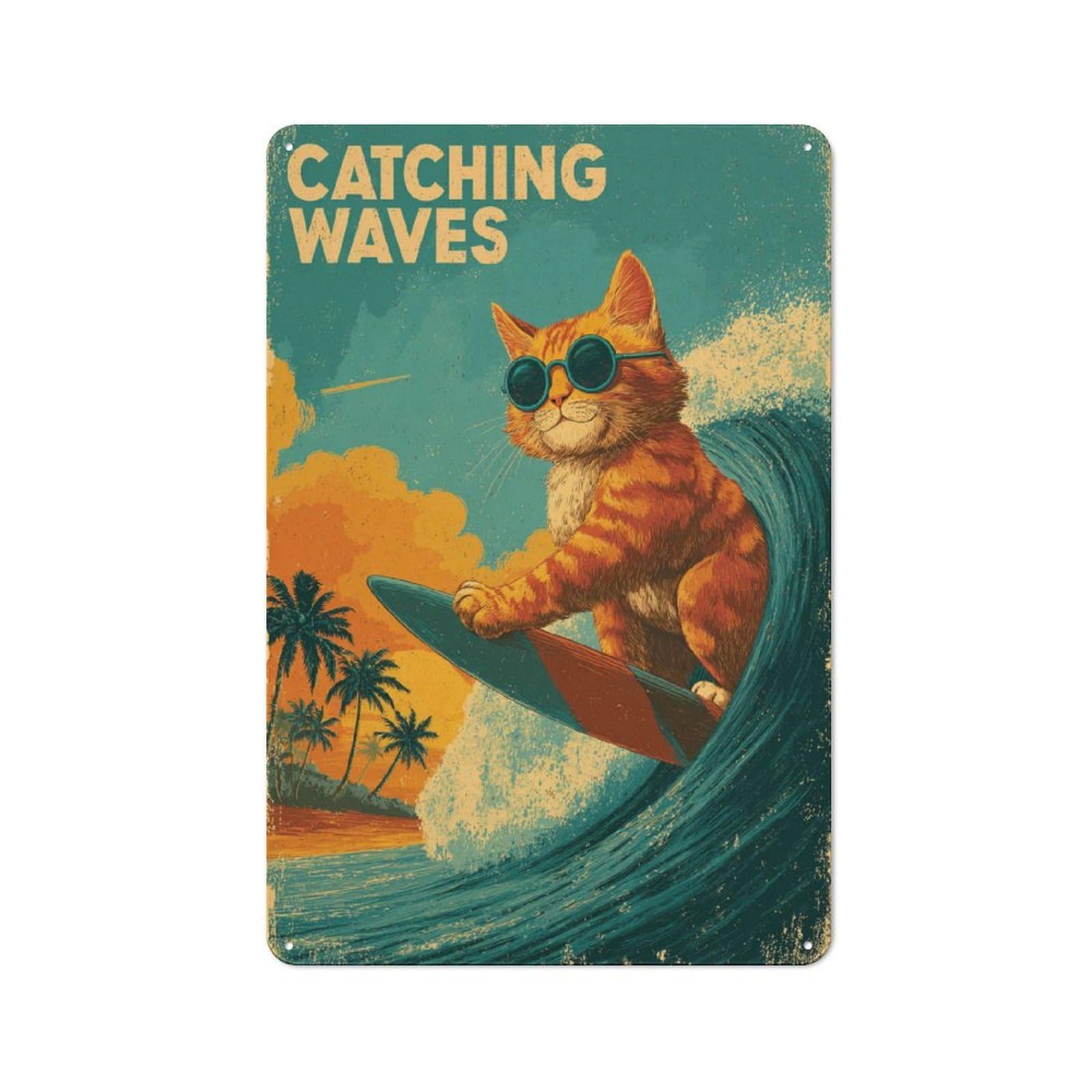 Junmoney Surfing Cat Retro Metal Wall Sign 30X20cm With For Bar Or Restaurant, A Housewarming Gift For Hospitality Decor Collectors
