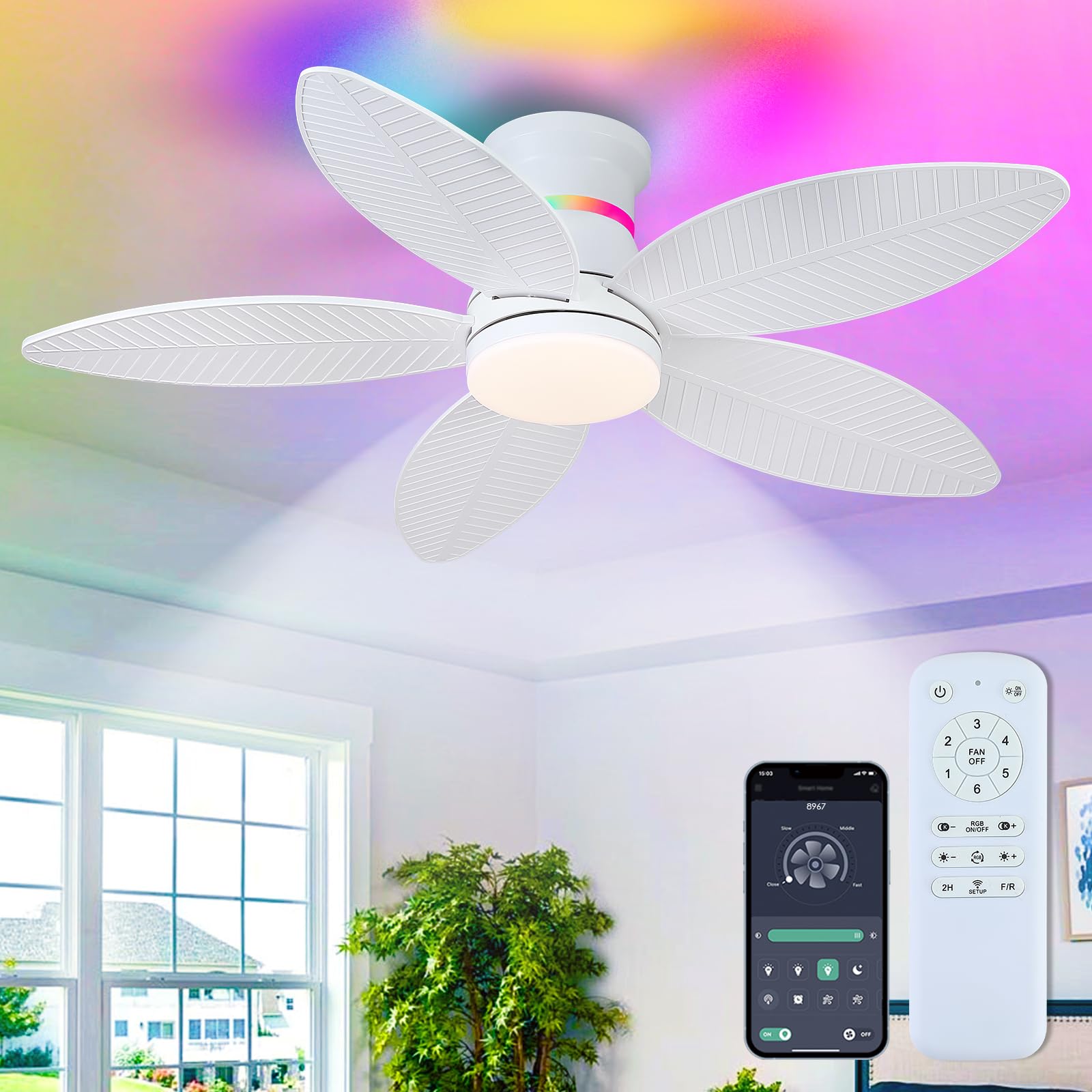 Surtime 46" White Ceiling Fans with RGB Lights - Flush Mount Ceiling Fan Light with LED 3CCT Dimmable, Tropical Palm Leaf Ceiling Fans for Indoor Party,Covered Outdoor