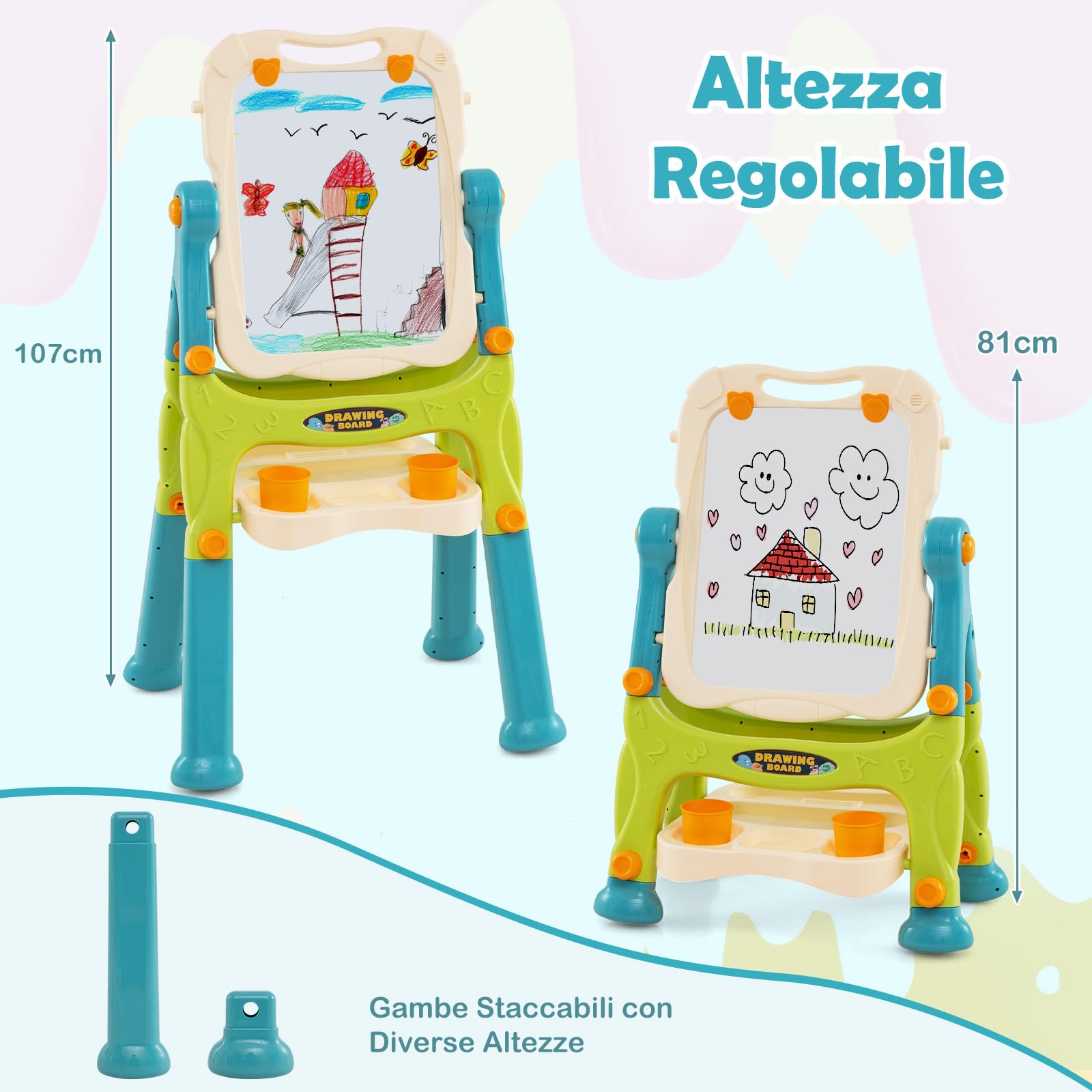 COSTWAY Cavalletto per Bambini, Lavagna Magnetica a Doppia Faccia Regolabile in Altezza, Tavolo da Disegno Staccabile con Manico Portatile e 2 Tazze, per Bambini 3 Anni + (Verde+Blu)
