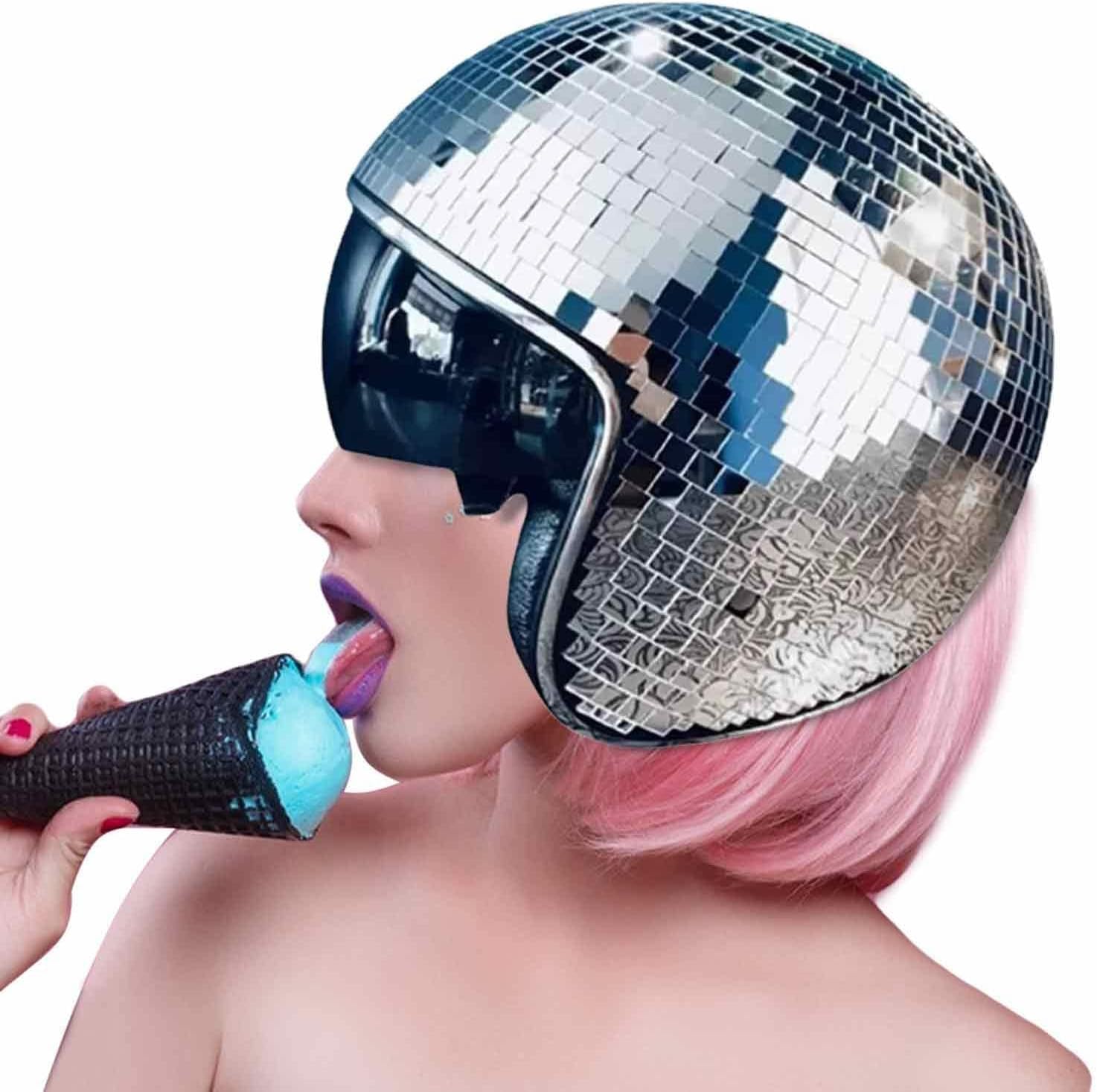 Casque de bal disco, casque de bal disco, casque de boule à paillettes miroir, avec visière rétractable, pour fête DJ