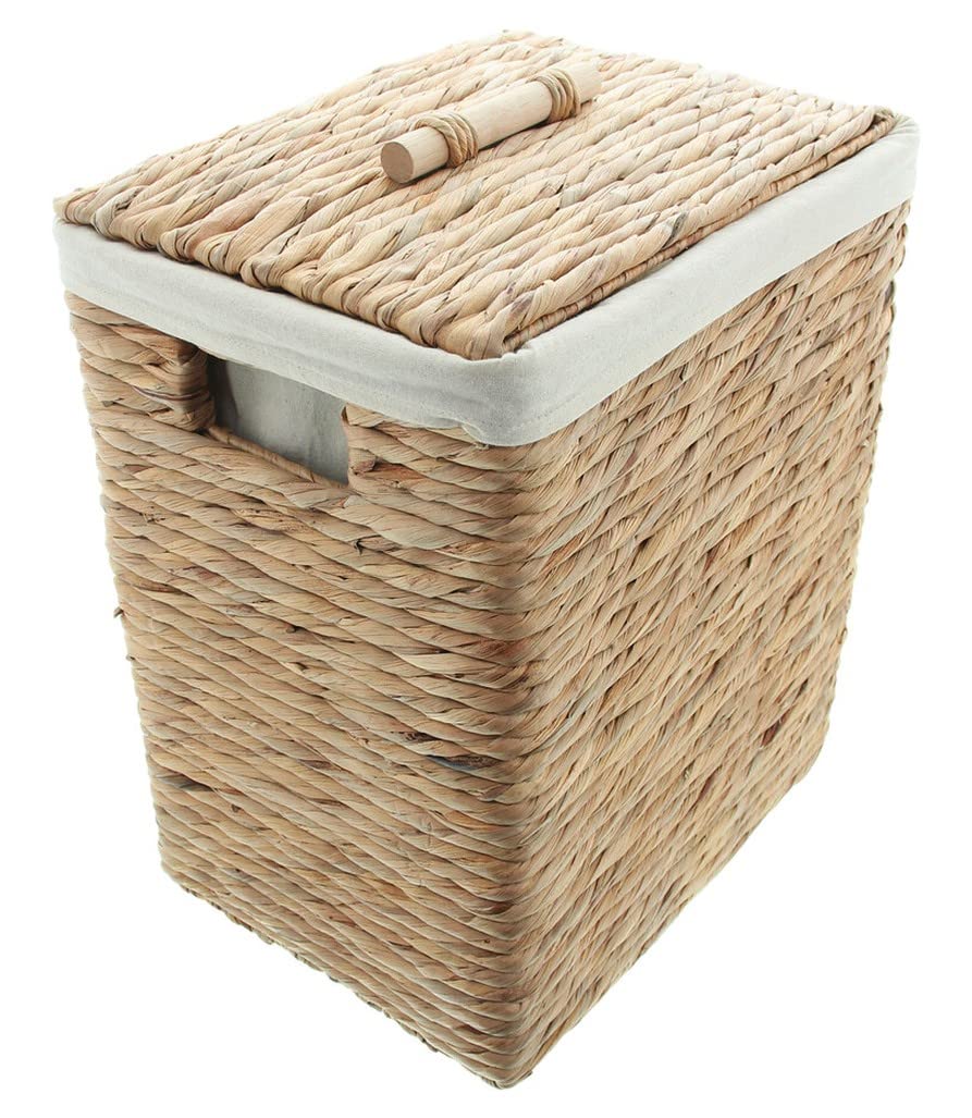 Dekoleidenschaft Panier à linge en jacinthe d'eau avec couvercle, 34 x 26 x 45 cm, panier à linge avec insert textile en coton crème, panier à linge, panier de rangement