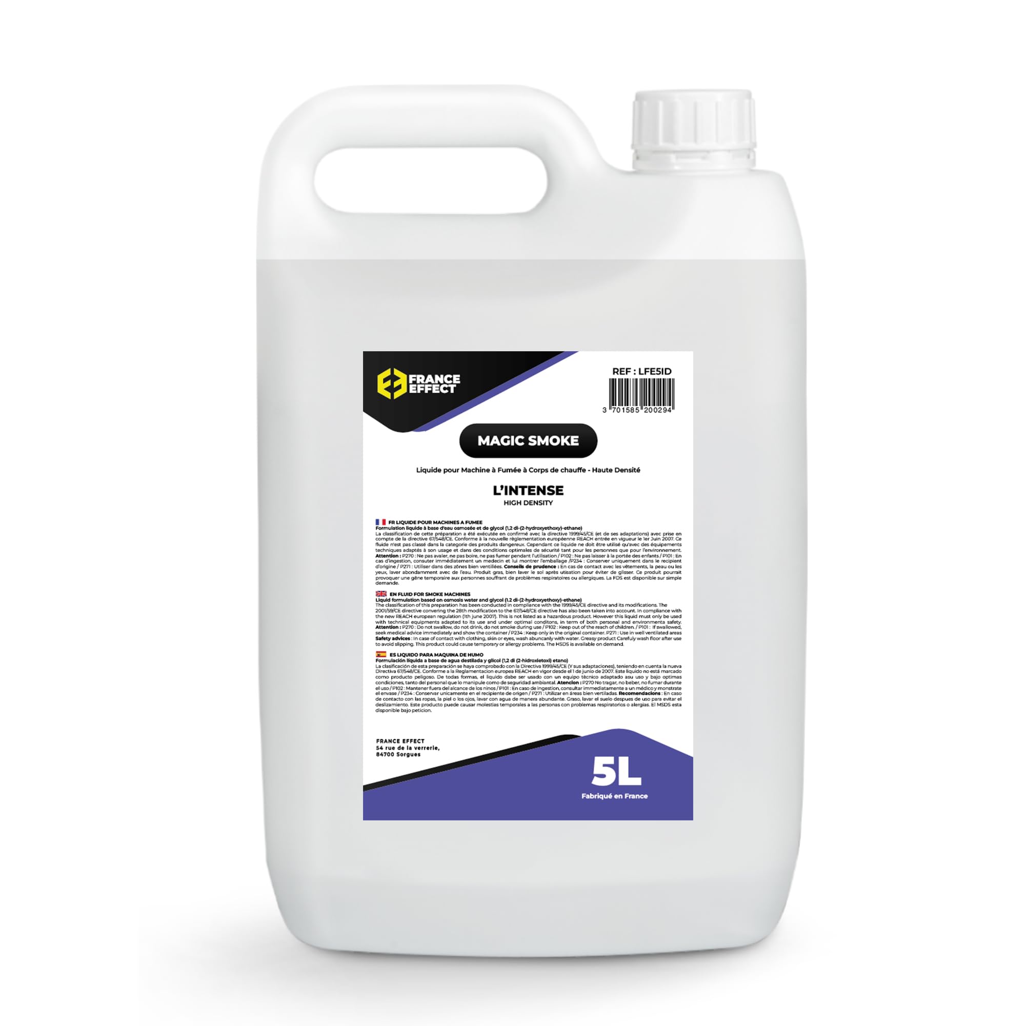 France Effect Liquide pour machine à fumée - L'INTENSE - Magic Smoke® 5L - Fumée dense, Biodégradable, Inodore. Economique. Fabriqué en France.