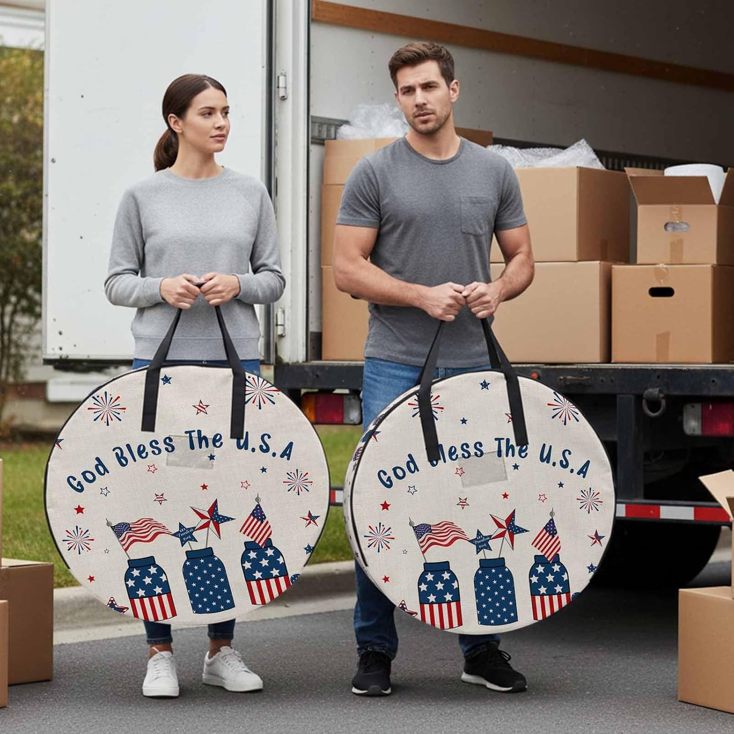 Independence Day Round Storage Bag 36 Inch, American Flag Patriotic Pentagram Linen Clothes Storage Container with Handles Heavy Duty Organizer for Comforter, Bedding & Holiday Wreaths