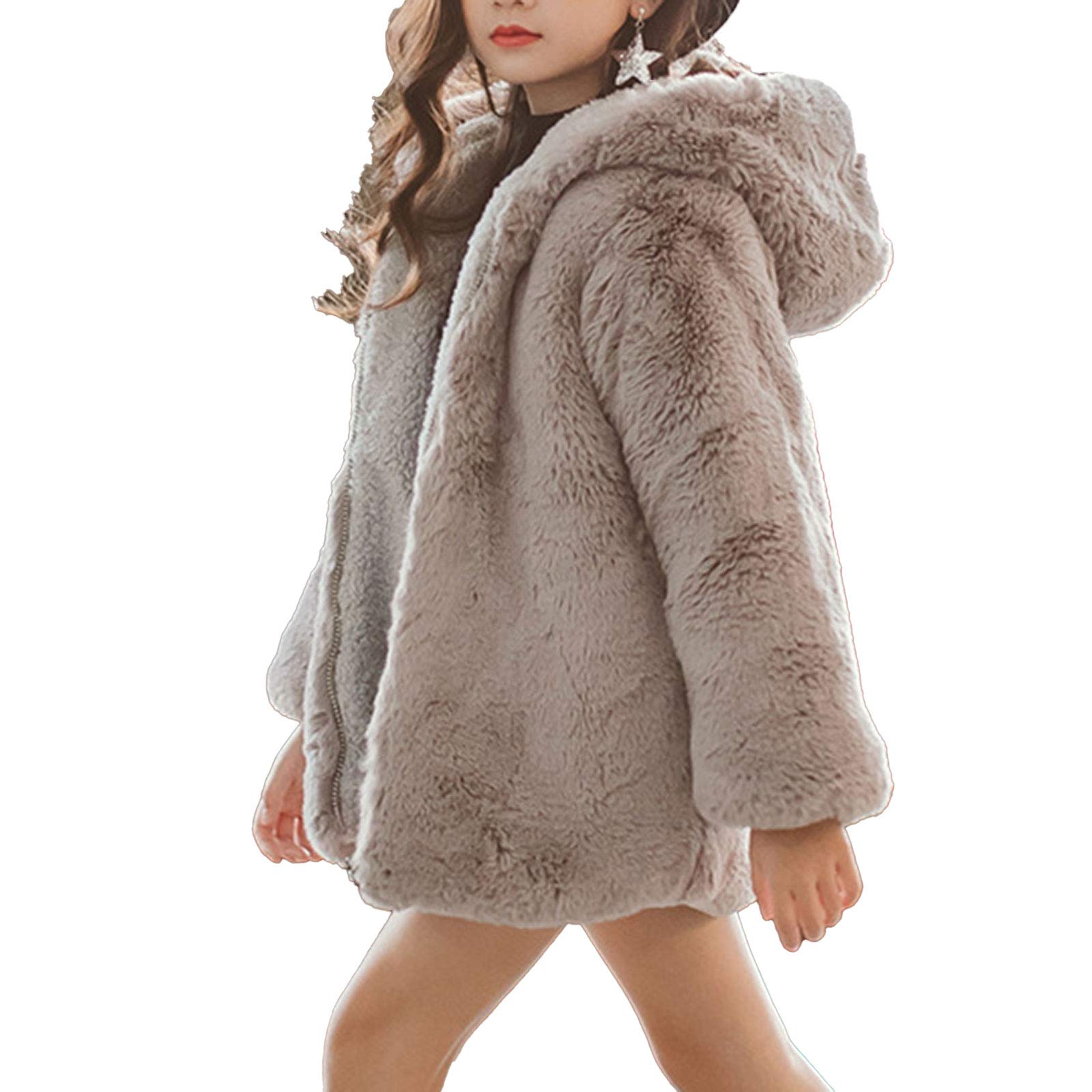 ranrann Cappotto con Cappuccio in Pelliccia Sintetica per Bambine Giacca Parka Giubbotto Manica Lunga Capispalla Felpa con Cerniera Caldo e Elegante 5-14 Anni