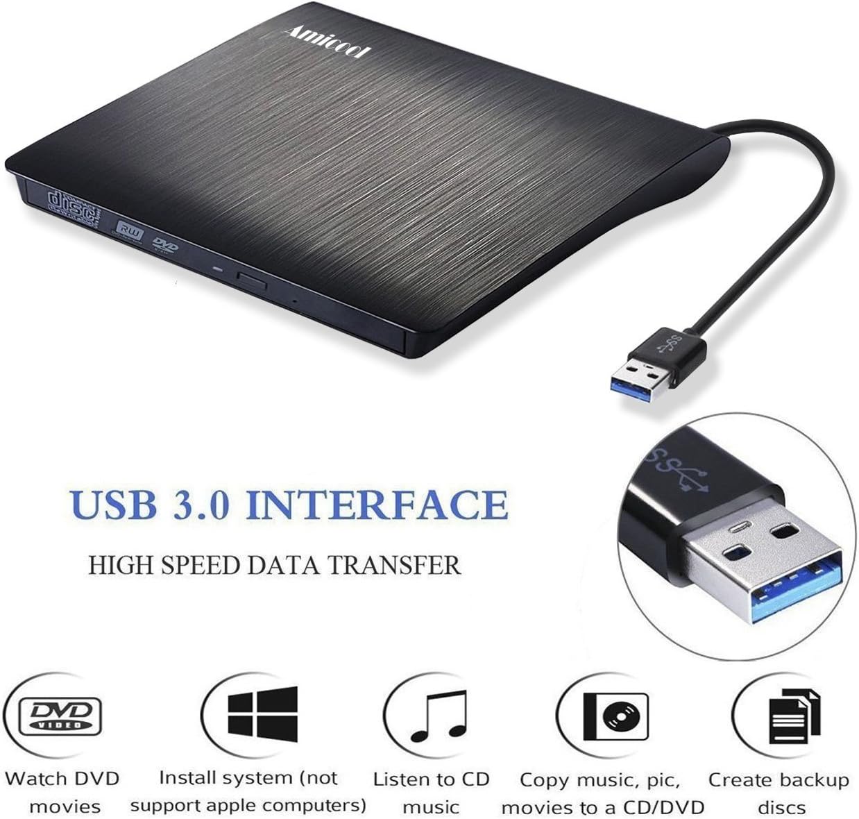 External CD Drive, Amicool USB 3.0 Portable CD DVD +/RW
