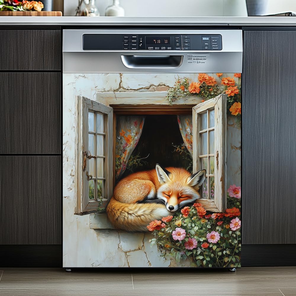 Dishwasher Magnet Cover Decoration,Kitchen Dishwasher Magnetic Cover 23W x 26H inchs Refrigerator Sticker Magnet Cover Vinyl Panel (Window Fox)
