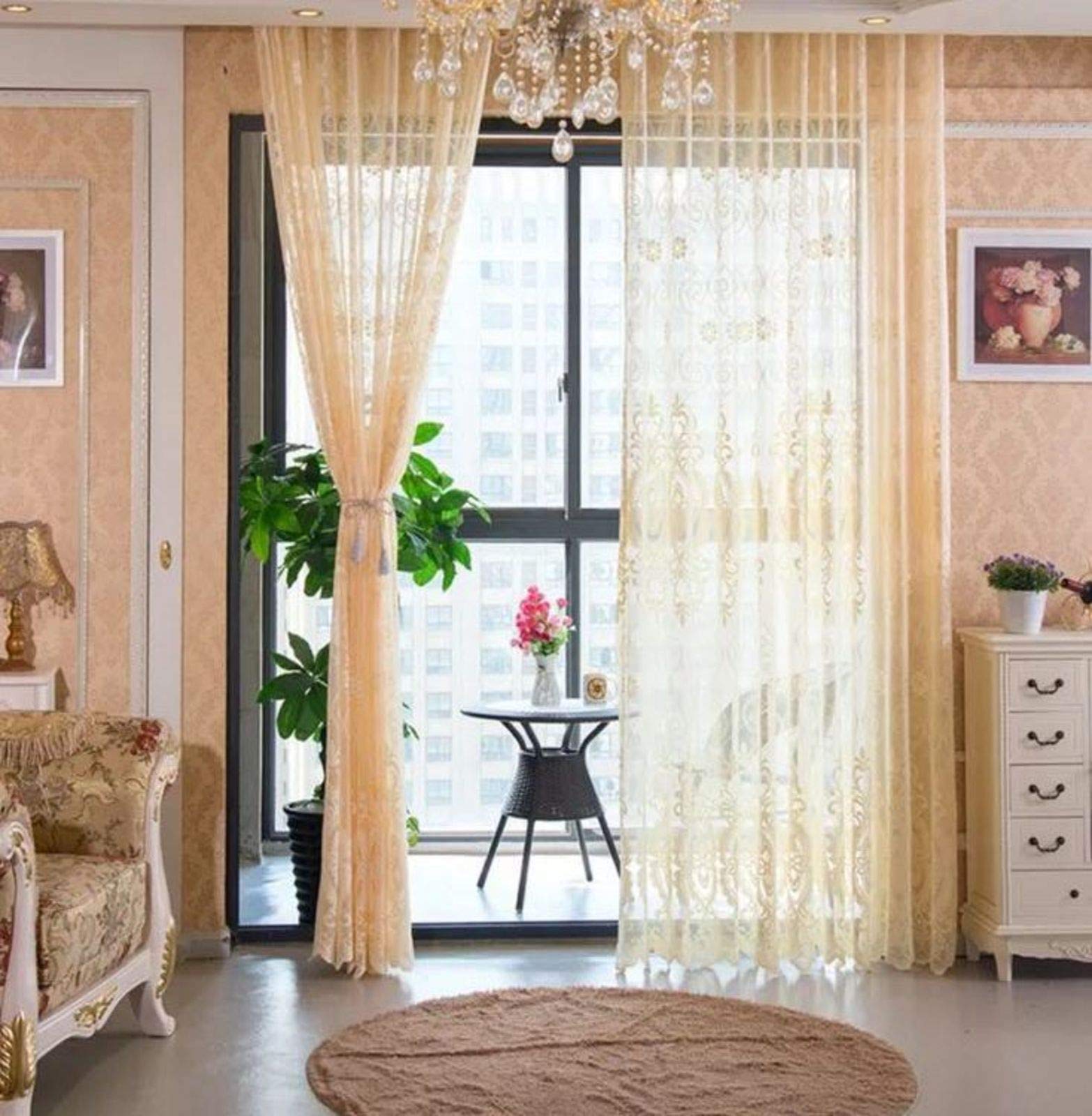 Eleganckie bawełniane zasłony żeglarskie, dekoracyjne zasłony tiulowe, salon, sypialnia, balkon, żakardowe, przezroczyste zasłony, przelotki, beżowe, 150 x 270 cm, 1 szt