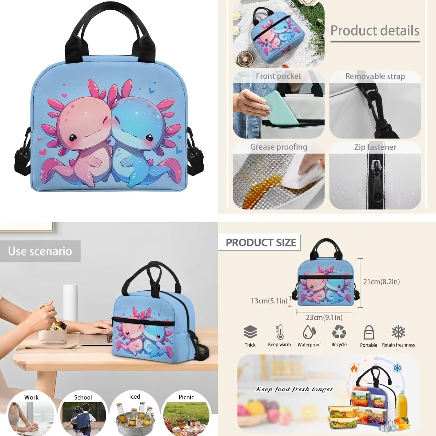 Kawaii Backpack for Middle School Girls with Lunch Box Axolotl Middle Student Bookbag Lunch Bag Set Salamander Book Bags for Teenage Girs 10-12/8-12/6-8 Back Pack Lunchbox Pencil Case 3 in 1