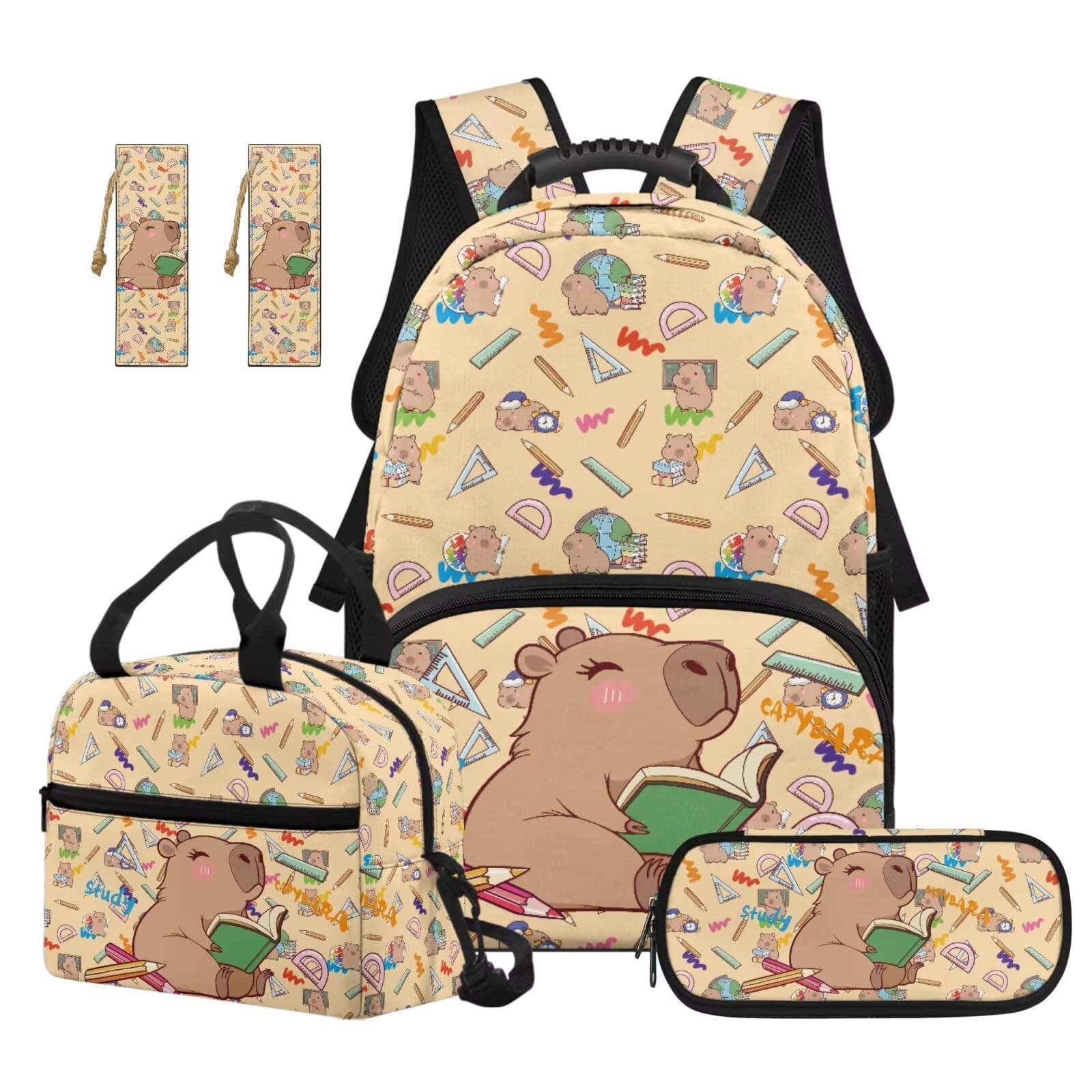 Renewold 5-teiliges Schulranzen-Set für Mädchen, Rucksack für Kinder, Teenager, Rucksack mit Lunchbox, Federmäppchen, Lesezeichen, für Grundschule und Mittelschule, Niedliches Capybara-Schreibwaren
