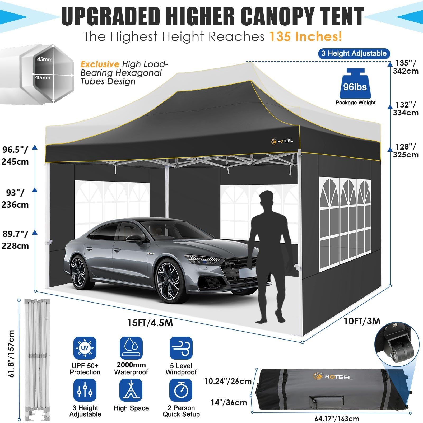 HOTEEL Pavillon 3x4,5m Wasserdicht, Verstärkte Sechskant-Beine, Schwarz | Pop-up Zelt mit wasserdichtem und UPF 50+-Stoff,tragbare Rollen-Tasche, Pavillon für Veranstaltungen/Gartenpartys/Marktplätze