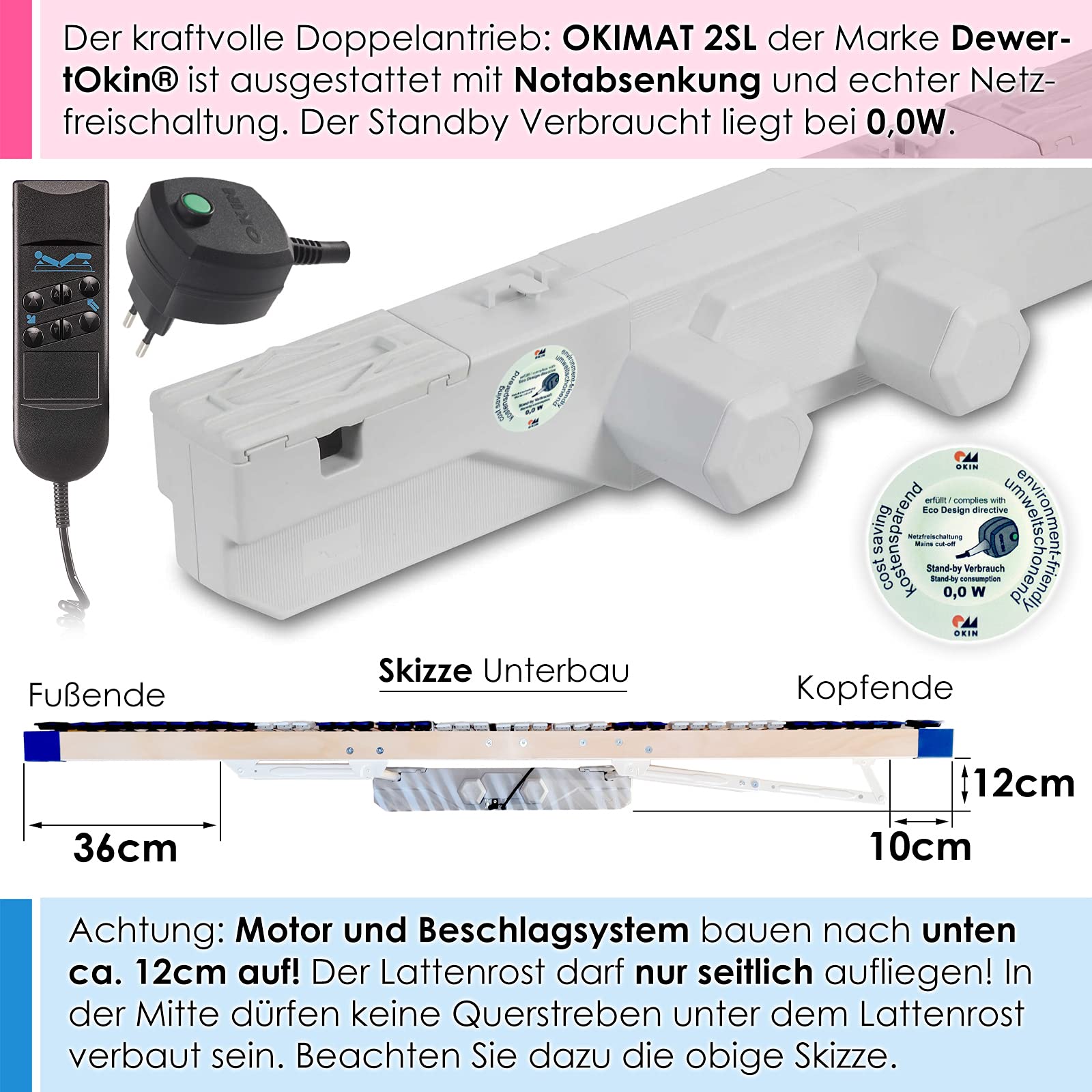 elektrischer Lattenrost 100% BUCHE - Kopf- u. Fußteil elektrisch verstellbar - SCHULTERFRÄSUNG, 7 Zonen, 44 Federleisten, Härteregulierung, Mittelgurt - Motor Comfort 44® - fertig montiert (90x200)