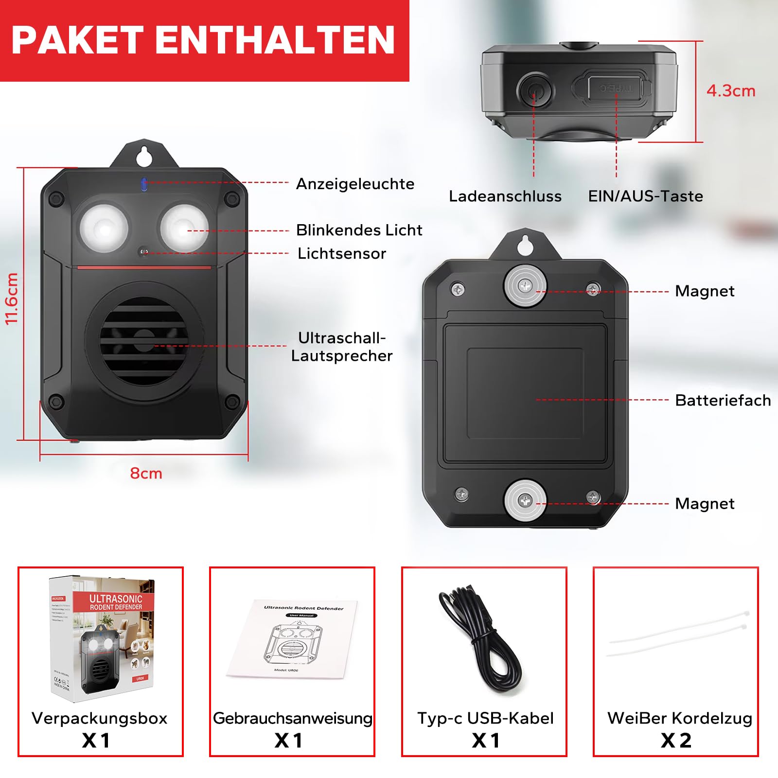 Ultrasuoni per Topi da Esterno Interno per Circa 200m², Repellente Topi & Martore con Luce Lampeggiante, Connessione USB o a Batteria, IP65 Dissuasore per Topi per Auto, Garage, Casa, Giardino