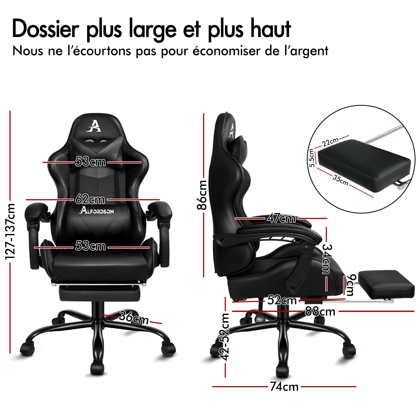 ALFORDSON Chaise de Jeu vidéo, Ergonomique, Fauteuil Gamer, de Massage, Repose-Pieds rétractable, en Cuir synthétique, réglable en Hauteur et inclinable, capacité de Charge de 180 kg, Noir