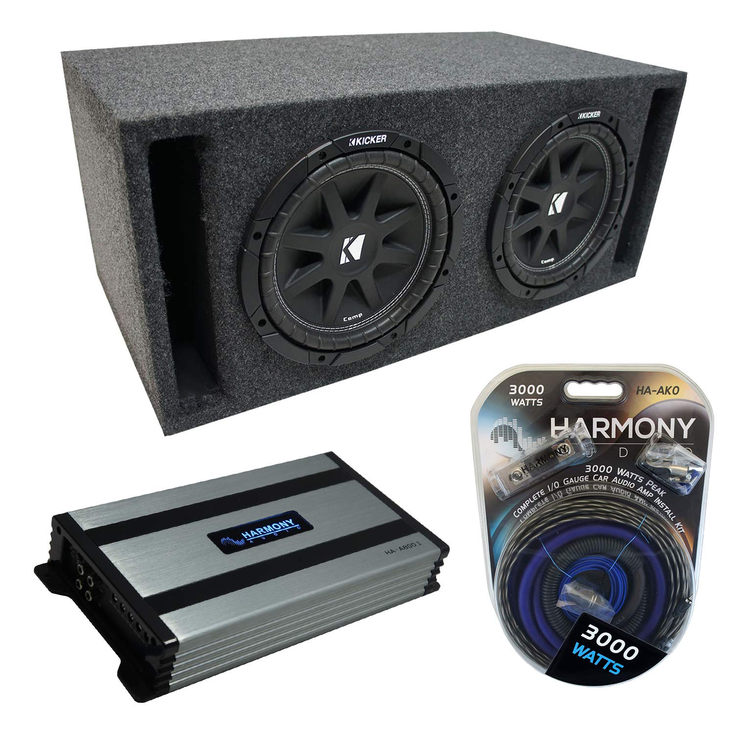 Harmony Audio HA-A800.1 Universal Car Stereo Class D Amp Mono 1600W Subwoofer Amplifier, 43C104 10" C10 Series Sub & 2X10VMBASS Car Audio Dual 10" SPL Bass Subwoofer Labyrinth Vent Sub Box Stereo