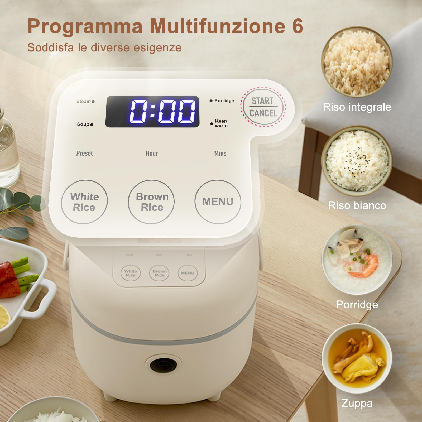 Bear Cuociriso 3,5 tazze (non cotte) con Vaporiera,Rice Cooker Mini Multifunzionale da 350W, 6 Funzioni di Cottura del Riso per 2-4 Persone