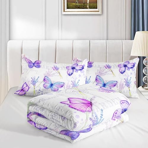 Miniatura 5 de Axolotl Juego de edredón de mariposa morada, tamaño individual, estampado de mariposas voladoras de lavanda violeta para niñas, juego de ropa de