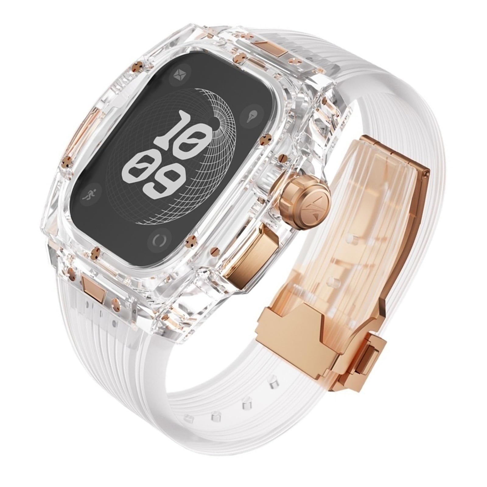 Romluous Transparent Case and Band for Apple Watch Ultra 2 49mm Silicone Strap Metal Folding Buckle Clear Mod Kit Cover Set for Iwatch Ultra2 Replacement Accessories(Rose Gold)