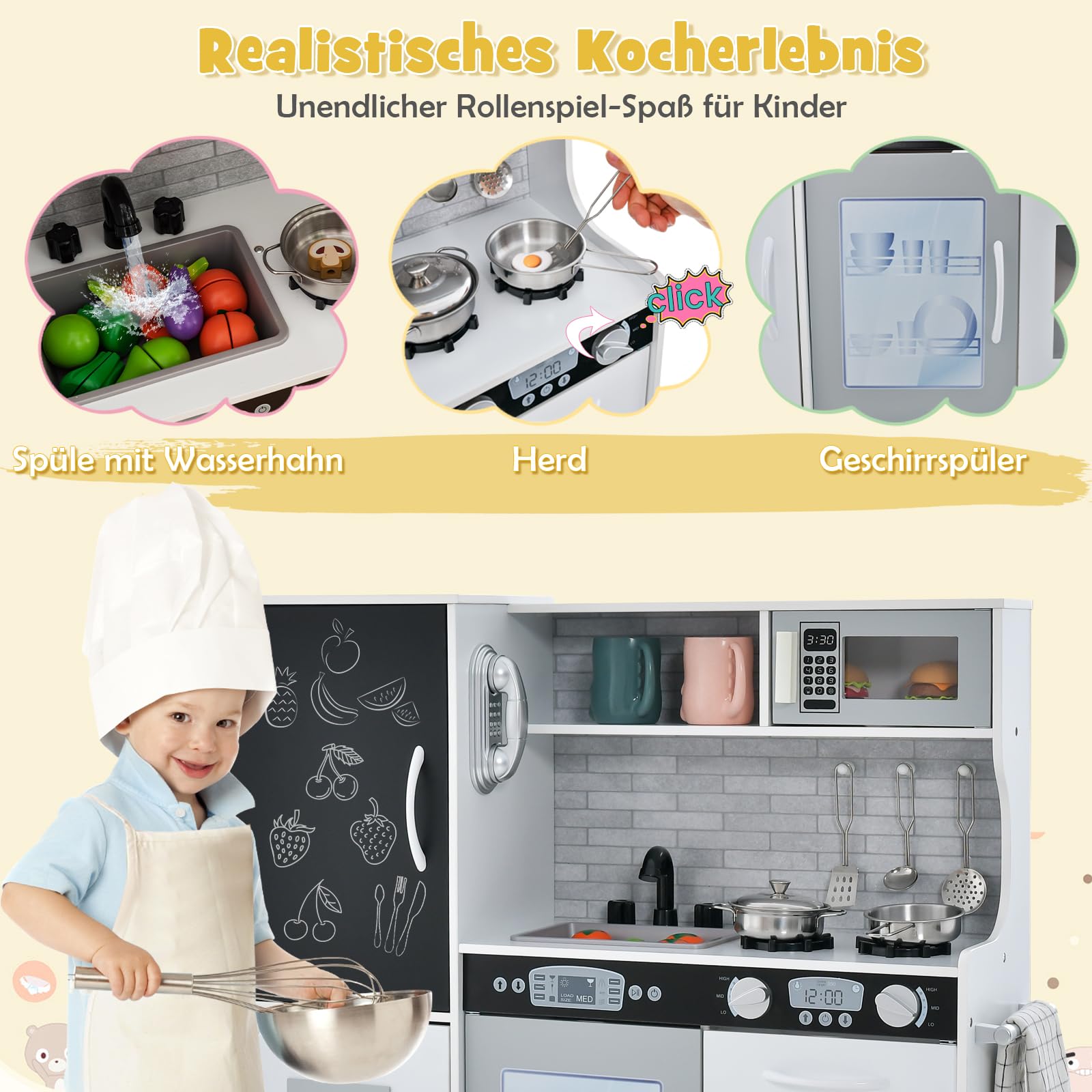 DREAMADE Kinderküche Holz mit Zubehör, Kinderspielküche Holzküche mit Herd Geschirrspüler Eismaschine Kühlschrank mit Tafel, Spielküche für Jungen und Mädchen ab 3 Jahren (Weiß)