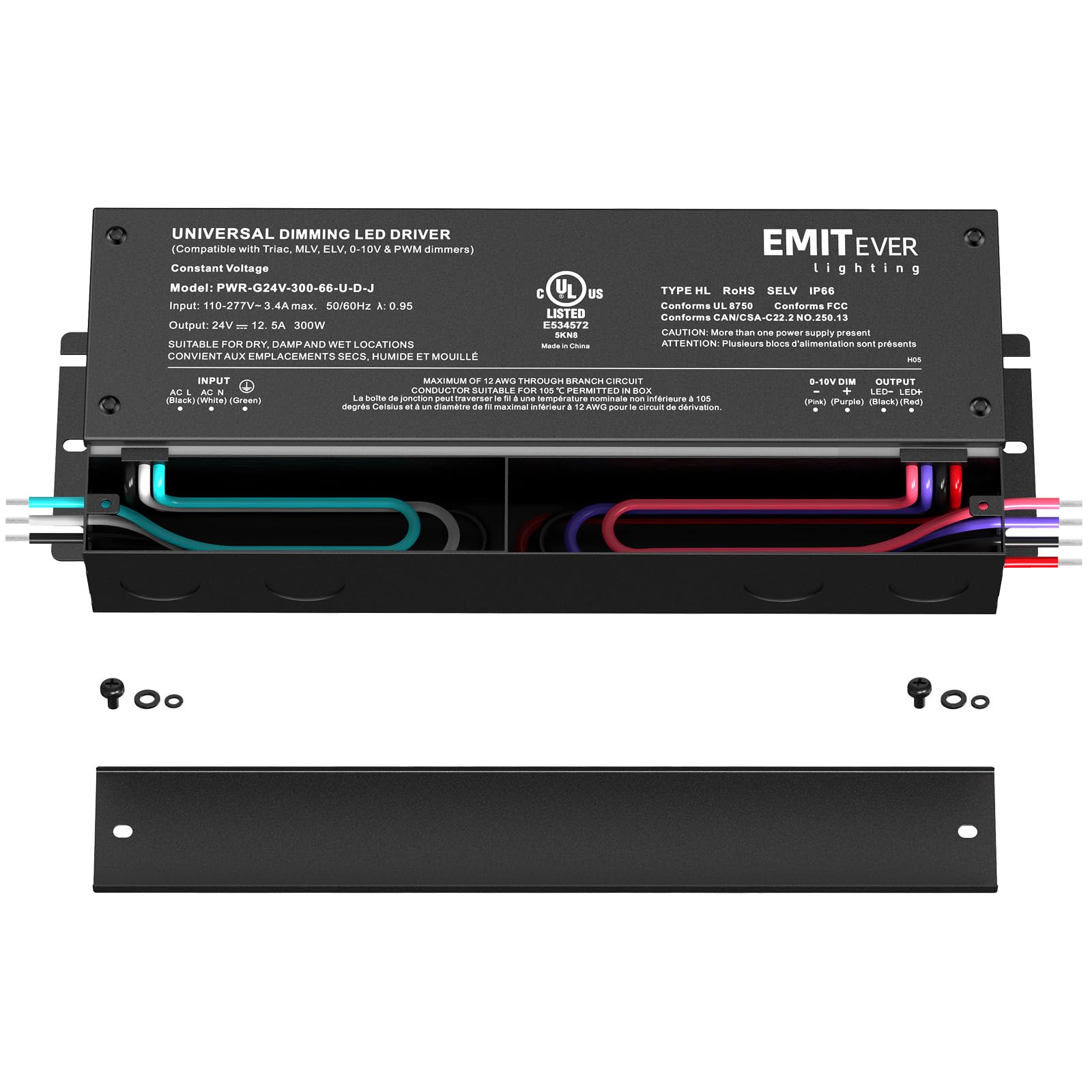 EMITEVER Driver LED dimmerabile 300W AC 110V-277V a DC 24V Trasformatore 5-in-1 Dimmerabile: ELV/MLV/TRIAC/0-10V/1-10V/10V PWM/potenziometro impermeabile IP67 e UL elencati