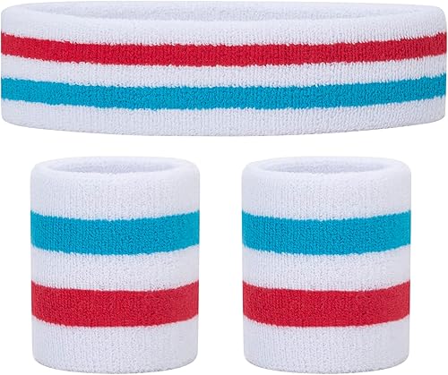 Miniatura 40 de ONUPGO - Conjunto de diadema y muñequeras deportivas para el sudor, hechas de algodón con bucles, muñequeras, contra humedad Rojo/Blanco/Azul