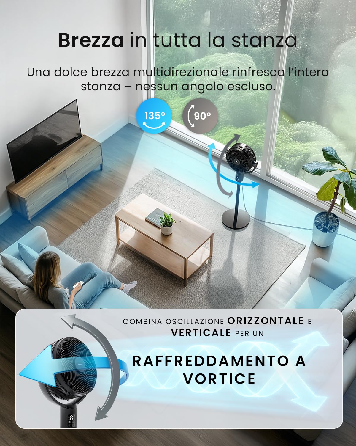 Pro Breeze AirFlo Ventilatore Ultra Silenzioso WiFi 9 Velocità, Da Ventilatore a Piantana(111 cm) a Ventilatore da Tavolo(60 cm), Oscillazione Vortex 95°/135°, Basso Consumo, Casa e Ufficio, Nero
