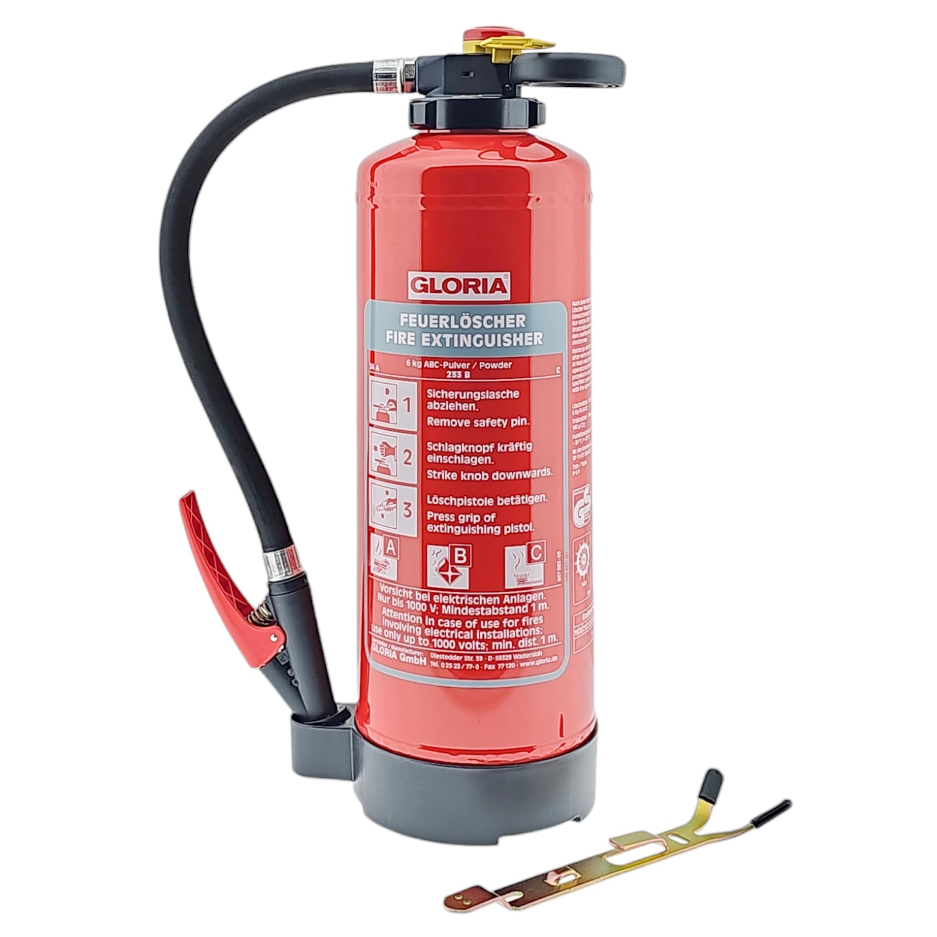 Gloria P6PRO – 6 kg Auflade-Pulver Feuerlöscher (ABC) mit Wandhalter – inkl. Instandhaltungsnachweis und aktueller Prüfplakette