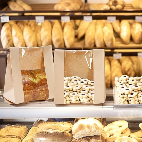 Miniatura 5 de ZENFUN Paquete de 100 bolsas de papel para pan con calcomanías, bolsas de papel para panadería con ventana transparente, embalaje de alimentos de