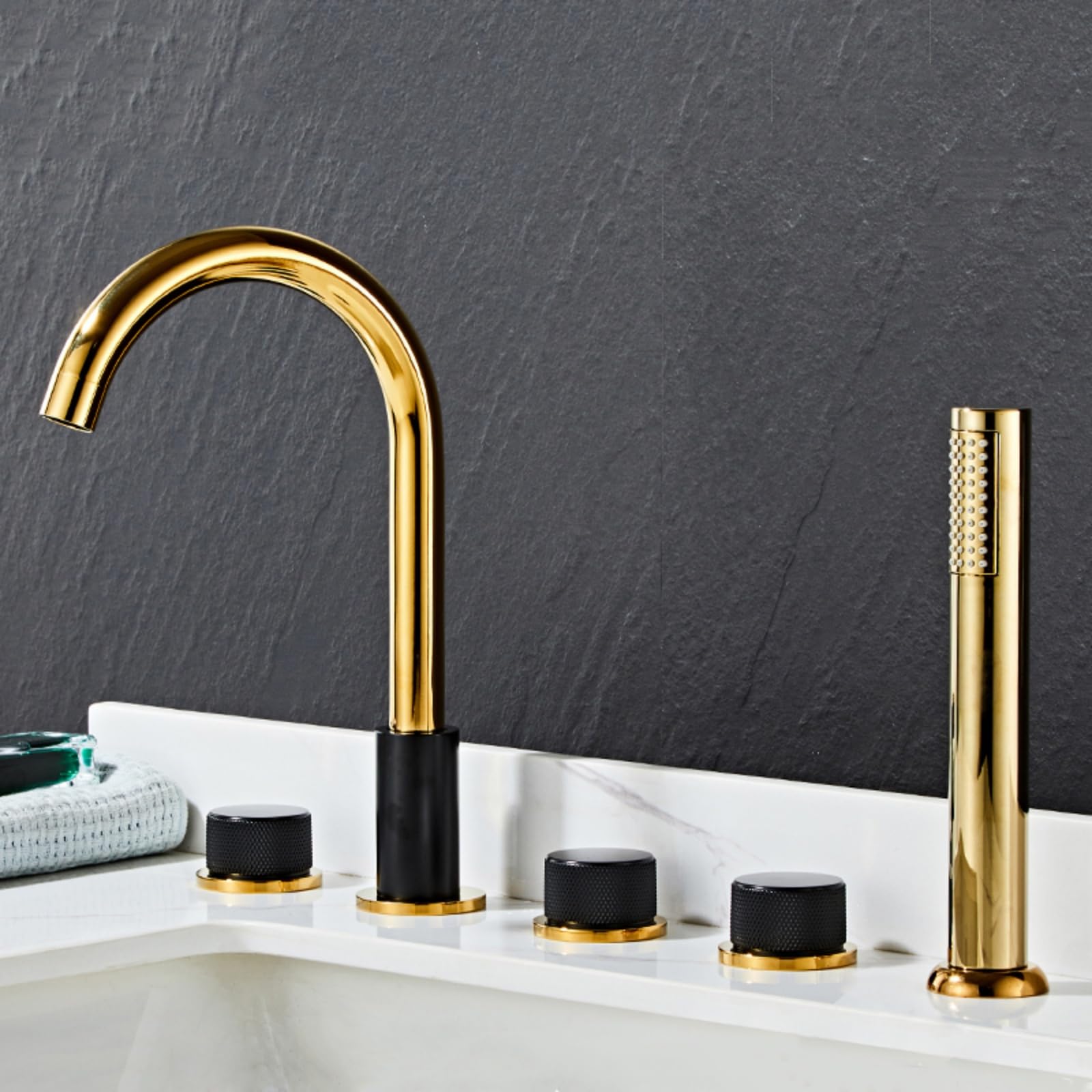 BHGFYXBS 5 Hole Bath Tap Set Black+Gold Bath Tub Mixer Tap With Shower 360 Tap Swivel Head Bathroom Taps Mixer Double Lever-B