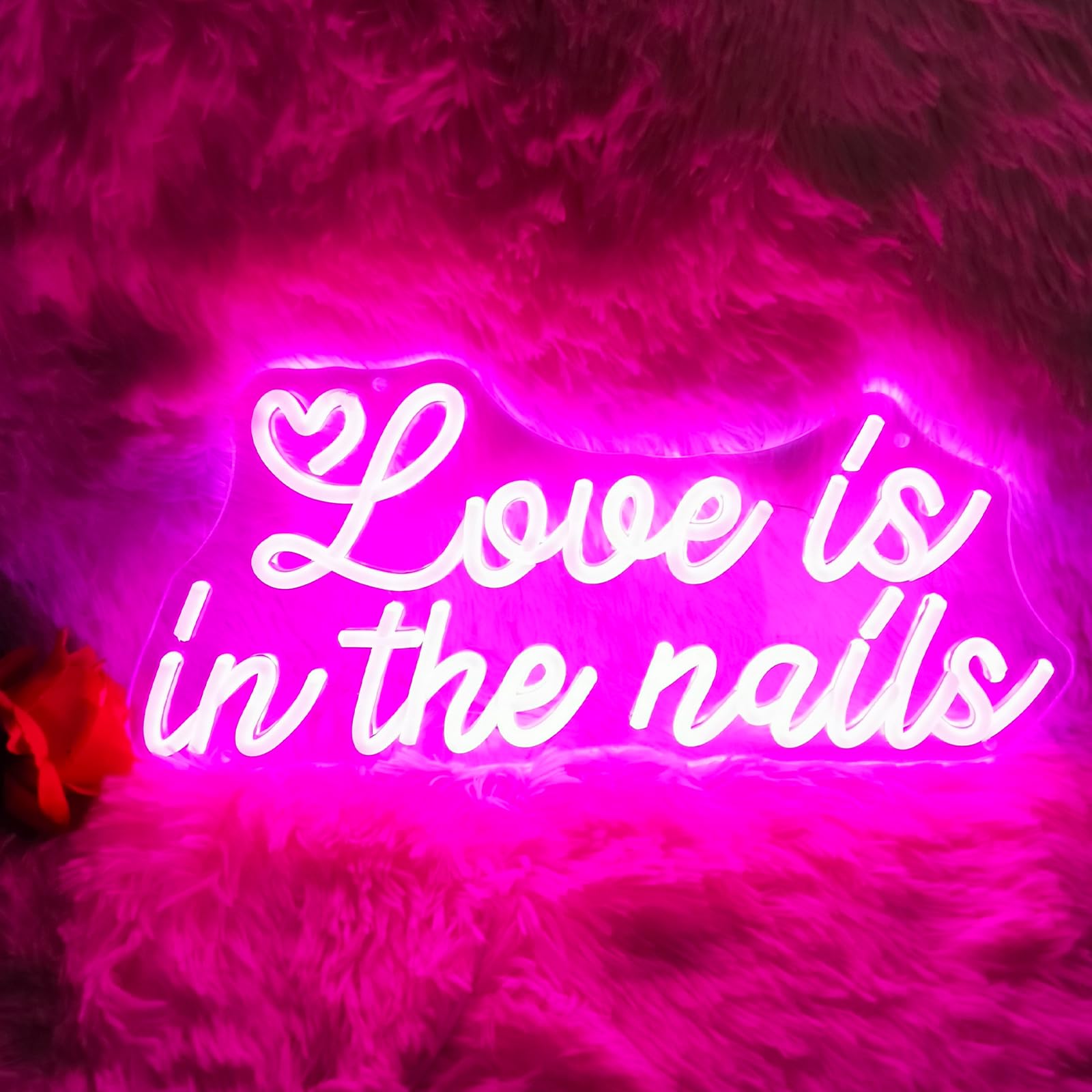 Panneau néon LED rose Love is in the Nails pour décoration de salon de manucure et salle de beauté, alimentation USB 5 V, intensité variable, cadeau de mariage/anniversaire/Noël pour filles (18,5 x