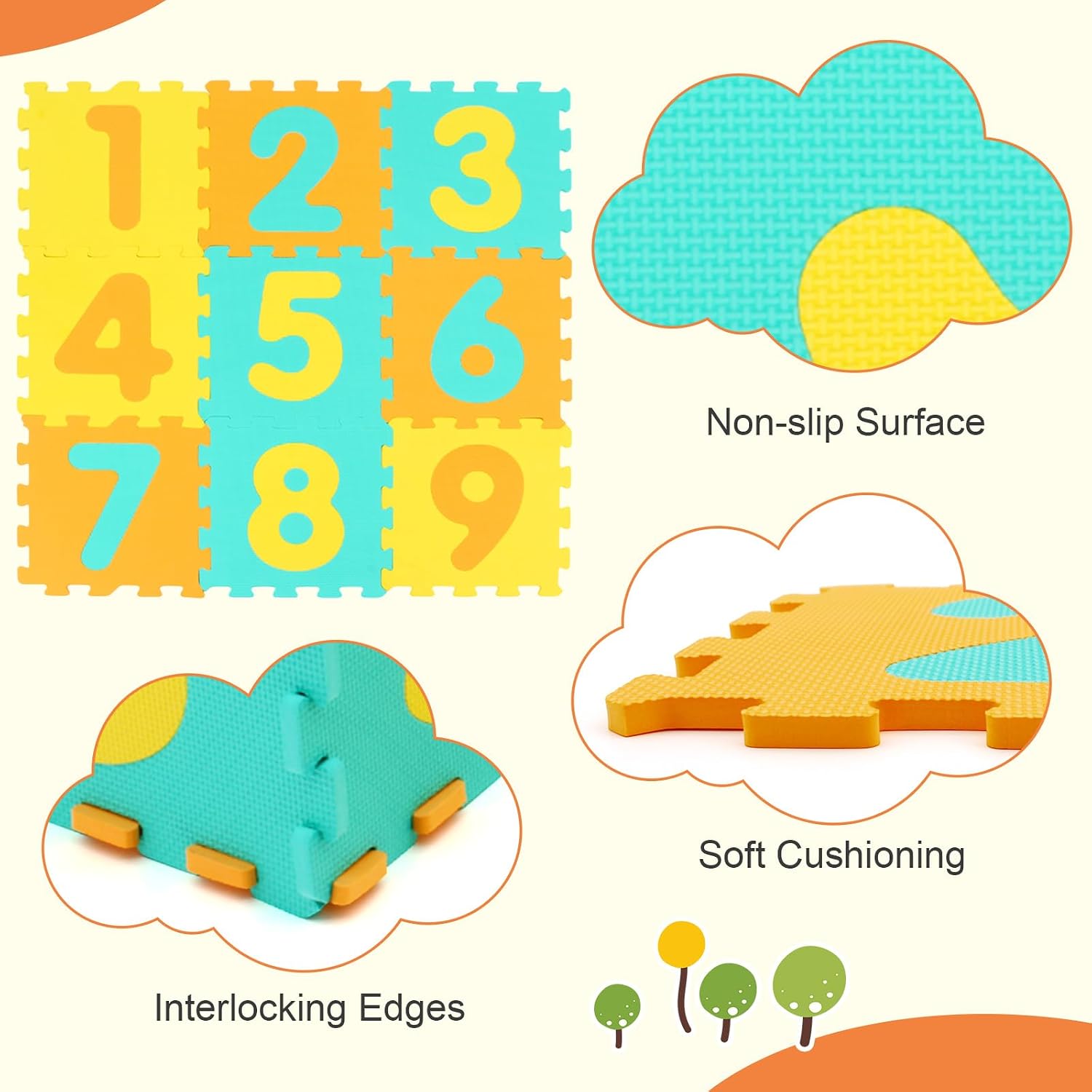 HONEY JOY Hopscotch Foam Mat for Kids, 12.5” x 12.5” EVA 9-Piece Interlocking Baby Soft Puzzle Play Mat w/Numbers, Non-Slip Large Floor Tile Carpet Rug, Easy to Assemble & Clean, for Playroom (Yellow)