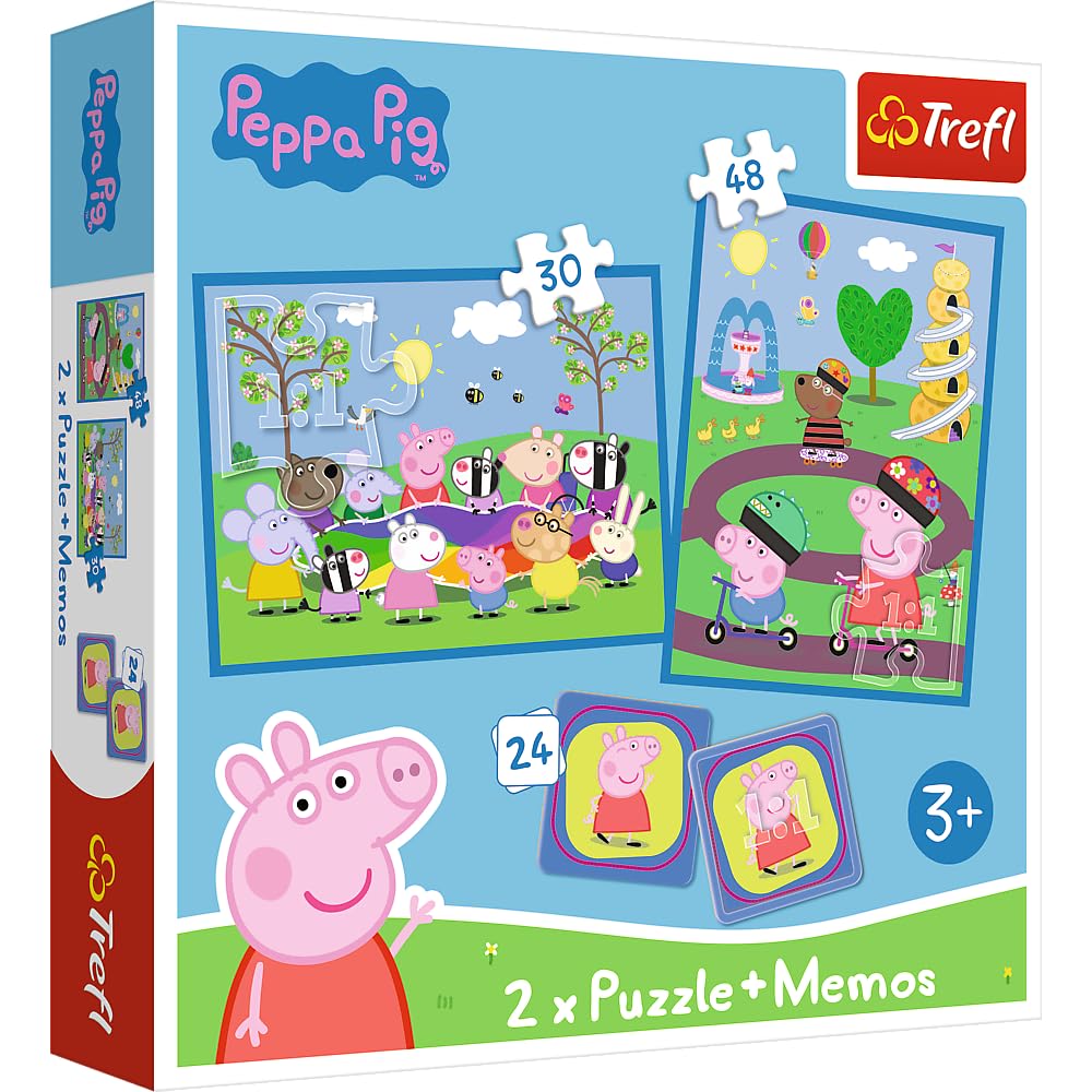 Trefl - Peppa Pig, Tiempos Felices con Peppa Pig - 3en1: 2X Puzzles + Juego de Memoria, 30 y 48 Piezas, Diferentes Niveles de Dificultad, 24 Memorias, para Niños a Partir de 3 años