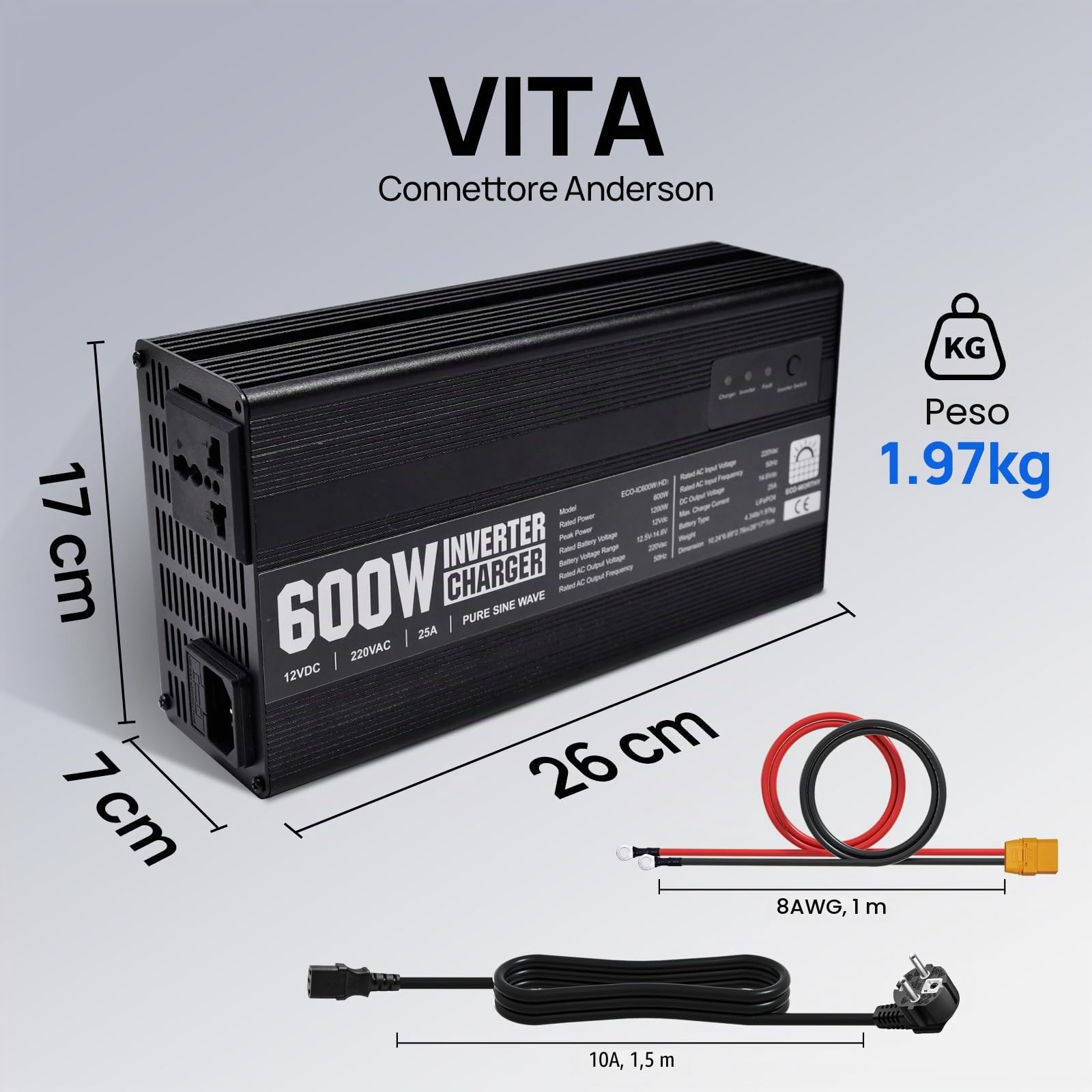 ECO-WORTHY LiFePO4 14,6 V 25 A Caricabatterie con convertitore 600 W da 12 V a 230 V, priorità alla rete e funzione UPS, per batteria LiFePO4 Deep Cycle, auto, camion, veicoli turistici