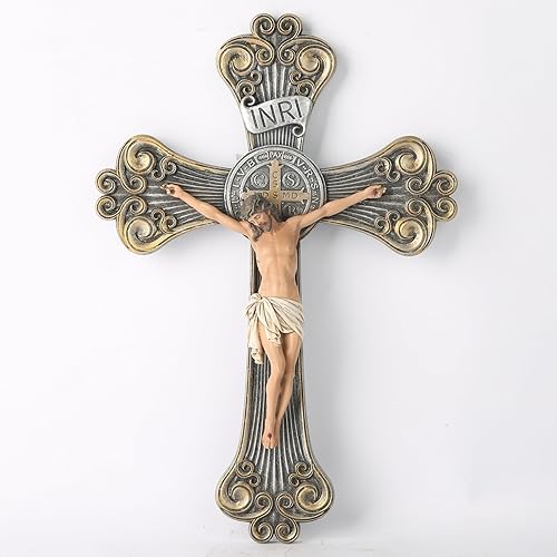 BC CATHOLIC - Cruz de San Benito, Cruz de pared de crucifijo, regalos catĂłlicos, pintada a mano en cruz de metal con JesĂşs realista, 12 pulgadas de BC CATHOLIC - Cruz de San Benito, Cruz de pared de crucifijo, regalos catĂłlicos, pintada a mano en cruz de metal con JesĂşs realista, 12 pulgadas de