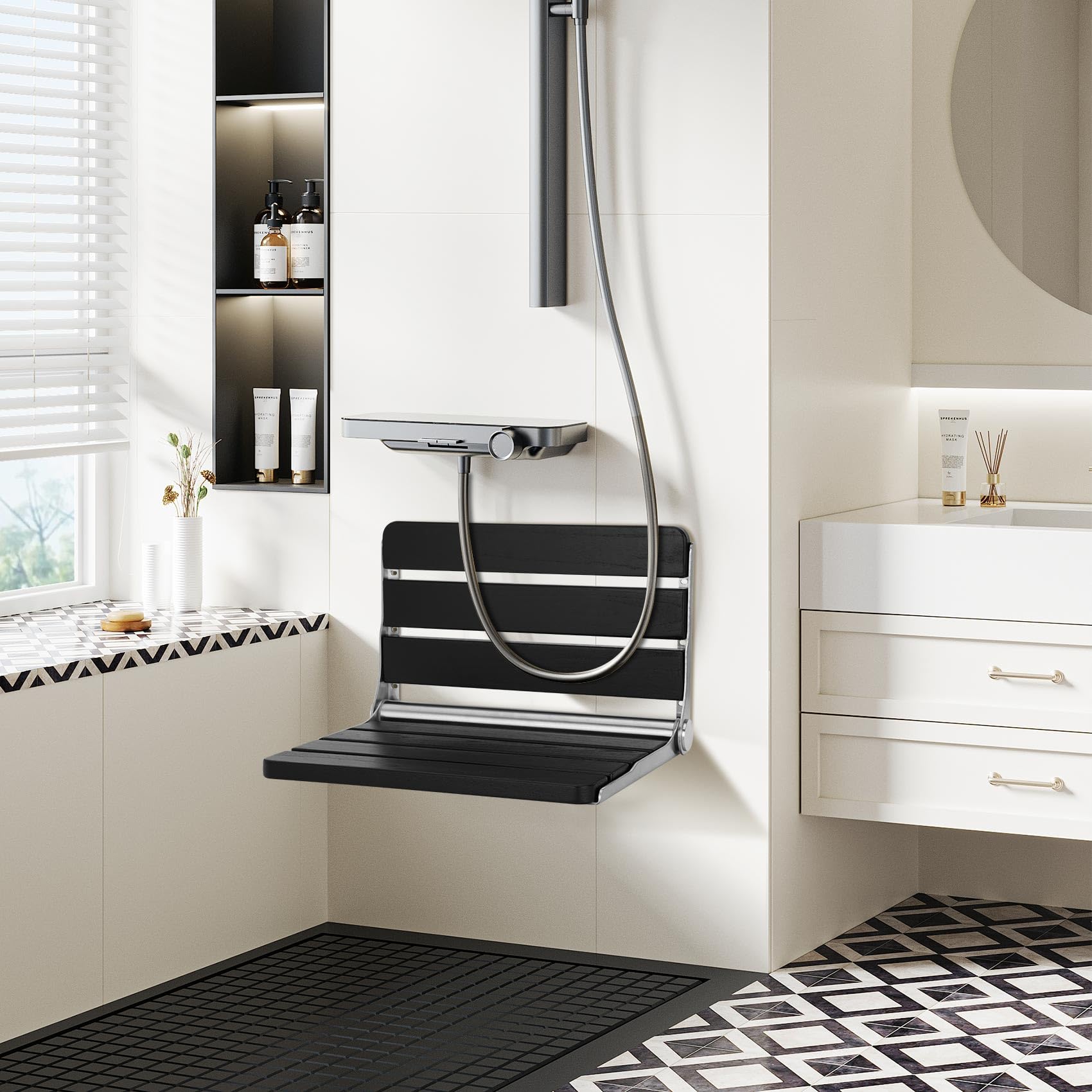 Condition photo showing New/Like New for 16 inchs foldable shower seat wall mounted, folding shower seat for adults, 400lbs max load for inside shower, small shower spaces (black)